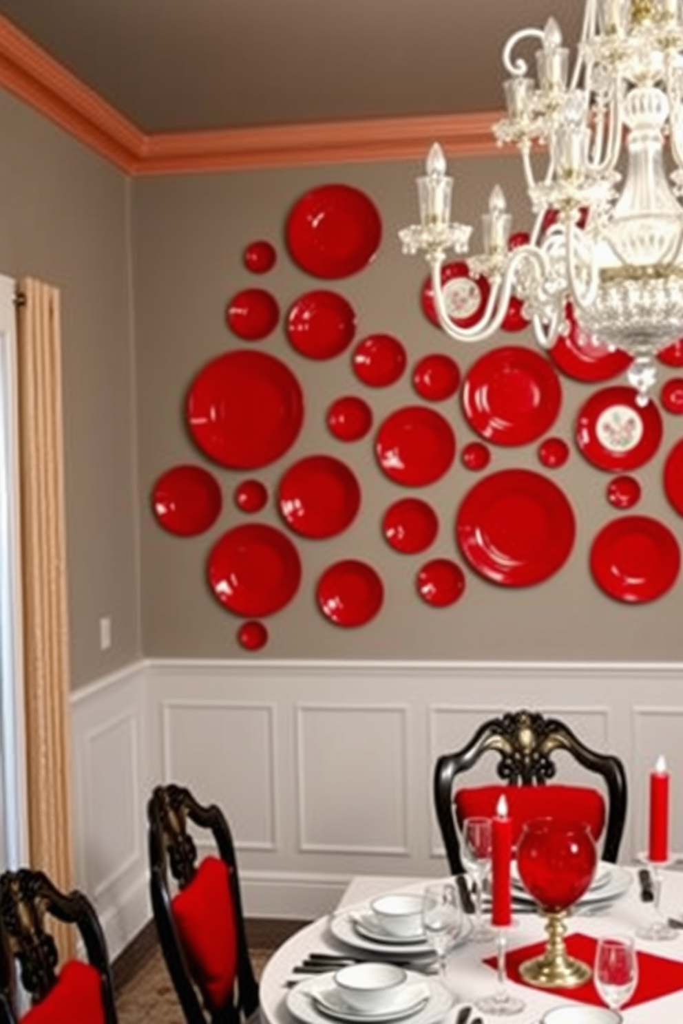 A vibrant dining room featuring red decorative plates arranged in an artistic pattern on the walls. The room is illuminated by a stylish chandelier, and the table is set with elegant dinnerware that complements the red accents.