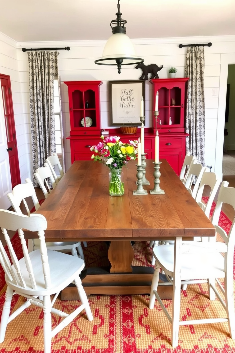 A rustic farmhouse dining room featuring a large wooden table with a distressed finish surrounded by mismatched chairs. The walls are adorned with shiplap in a soft white hue, and red accents are introduced through a vintage red sideboard and patterned curtains. The centerpiece of the table is a bouquet of wildflowers in a mason jar, complemented by rustic candle holders. A woven rug in shades of red and beige adds warmth to the space, enhancing the cozy farmhouse atmosphere.