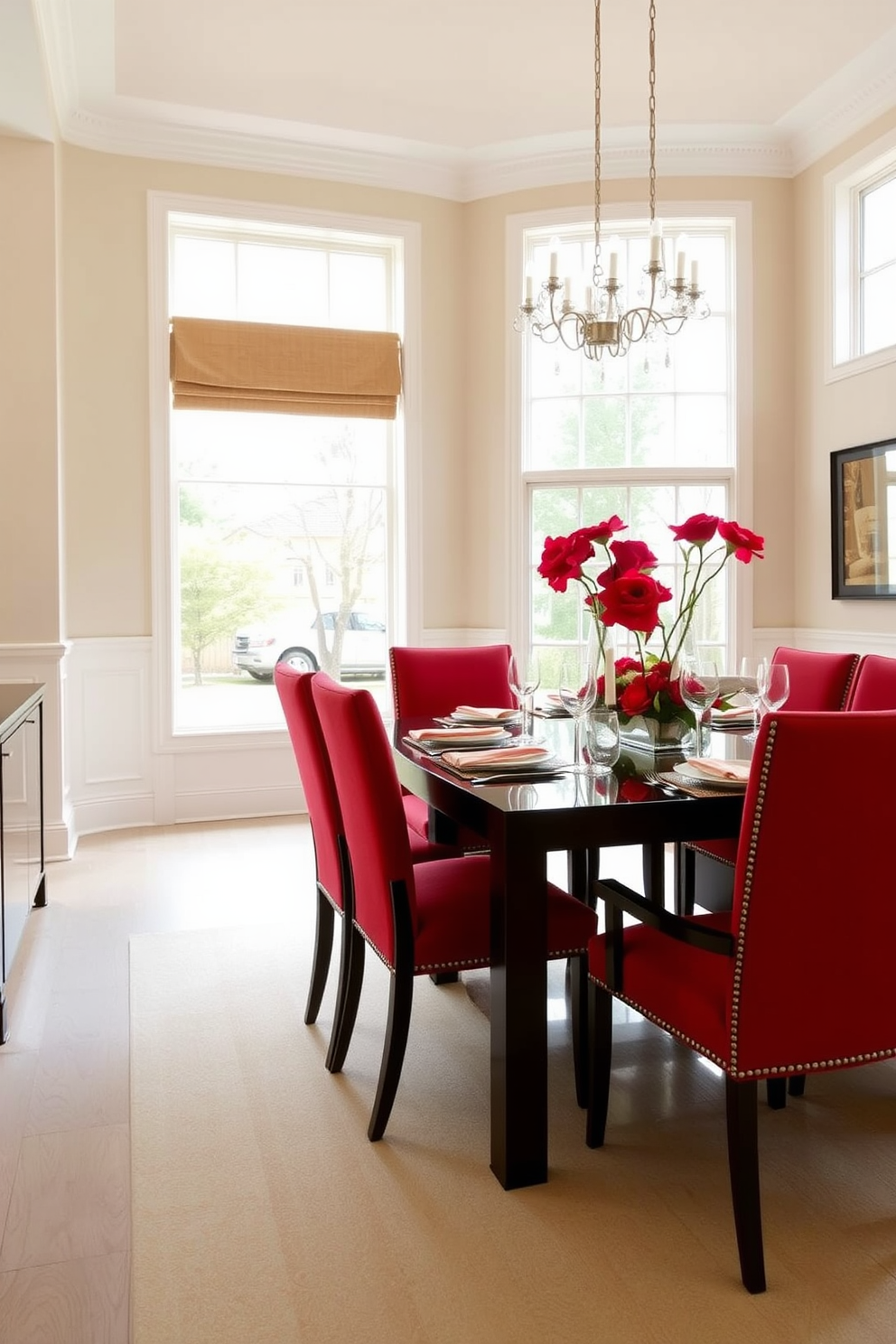 A stylish dining room featuring red upholstered dining chairs that add a pop of color to the space. The table is a sleek dark wood with a polished finish, complemented by elegant tableware and a centerpiece of fresh flowers. The walls are painted in a soft neutral tone, enhancing the vibrancy of the red chairs. Large windows allow natural light to flood the room, creating a warm and inviting atmosphere.