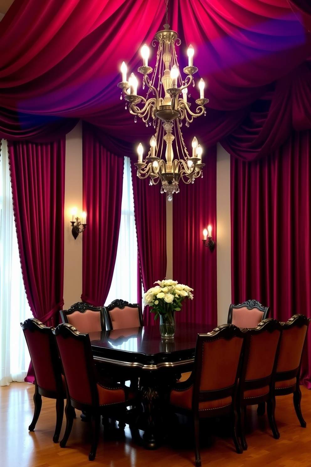 A luxurious dining room featuring deep burgundy curtains that cascade elegantly from the ceiling to the floor. The rich fabric adds a dramatic flair to the space, enhancing the overall ambiance. The dining table is a dark wood with intricate carvings, surrounded by plush upholstered chairs in a complementary shade. A stunning chandelier hangs above the table, casting a warm glow over the room.