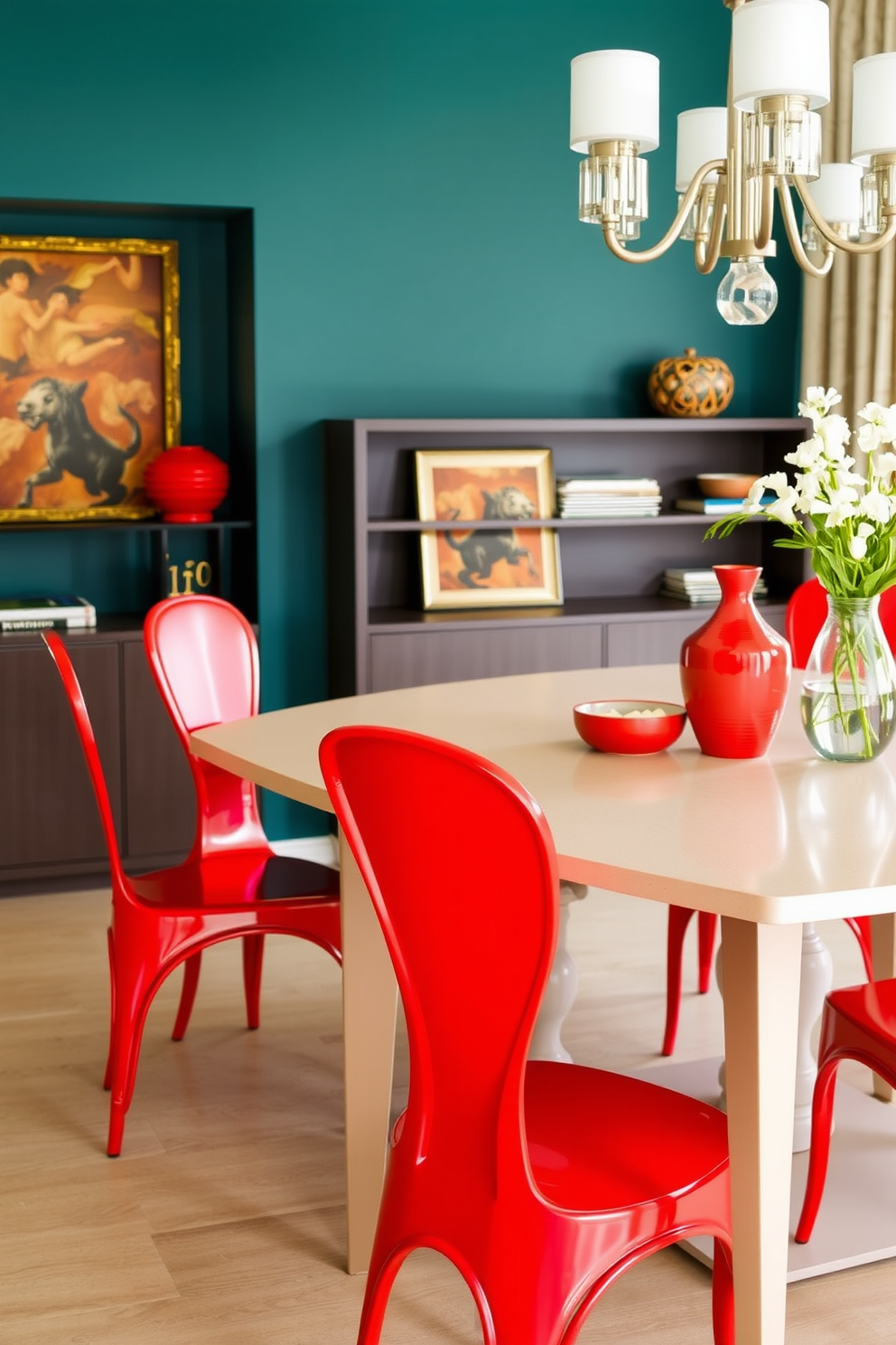 A vibrant dining room featuring bright red chairs that add a pop of color to the space. The chairs are paired with a sleek neutral table, creating a balanced and inviting atmosphere.