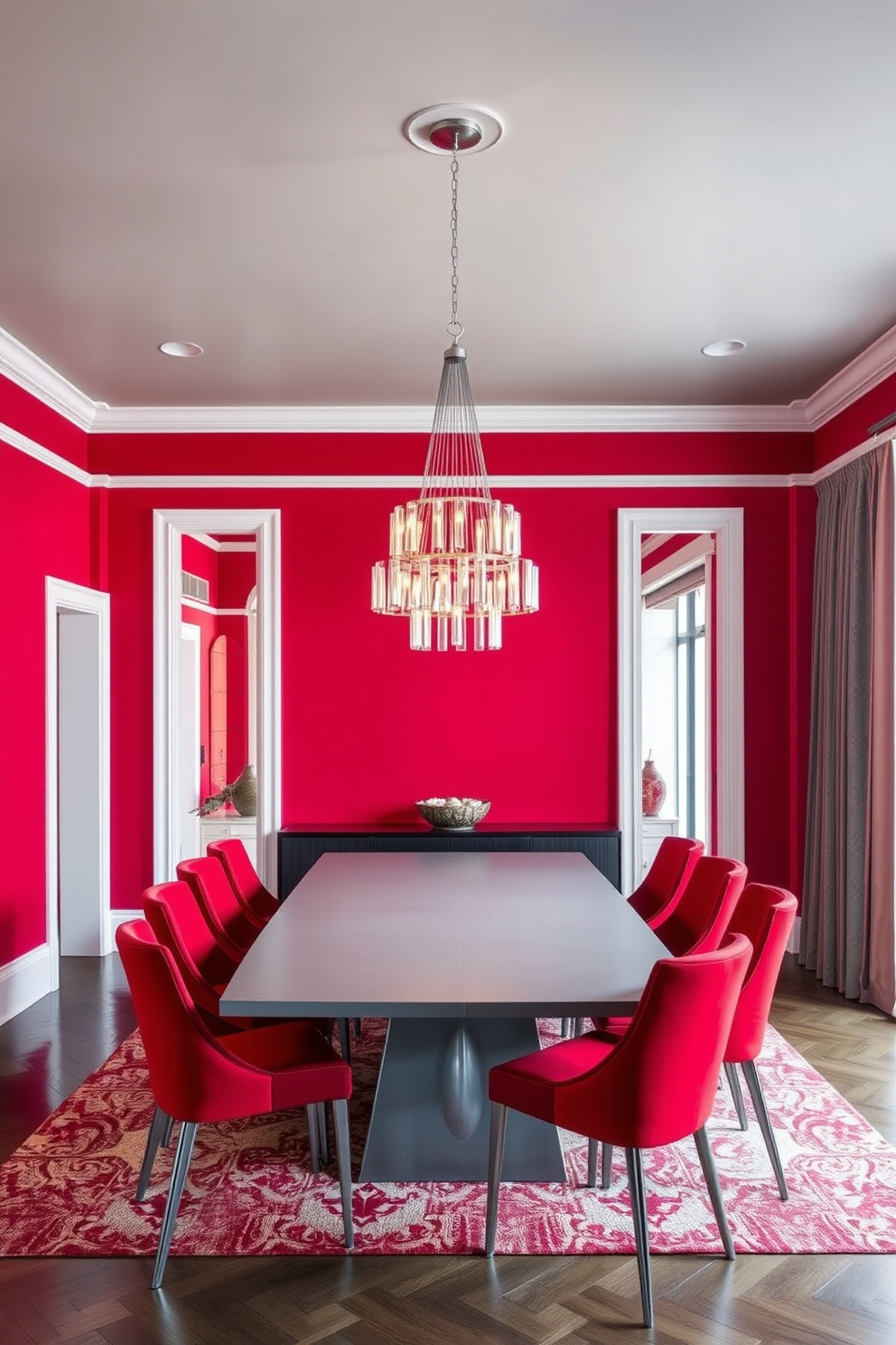 A modern dining room featuring a striking red and gray color scheme. The walls are painted a deep red, while the ceiling is a soft gray, creating a bold contrast. In the center, a sleek gray dining table is surrounded by red upholstered chairs. A contemporary chandelier hangs above, casting a warm glow over the space.