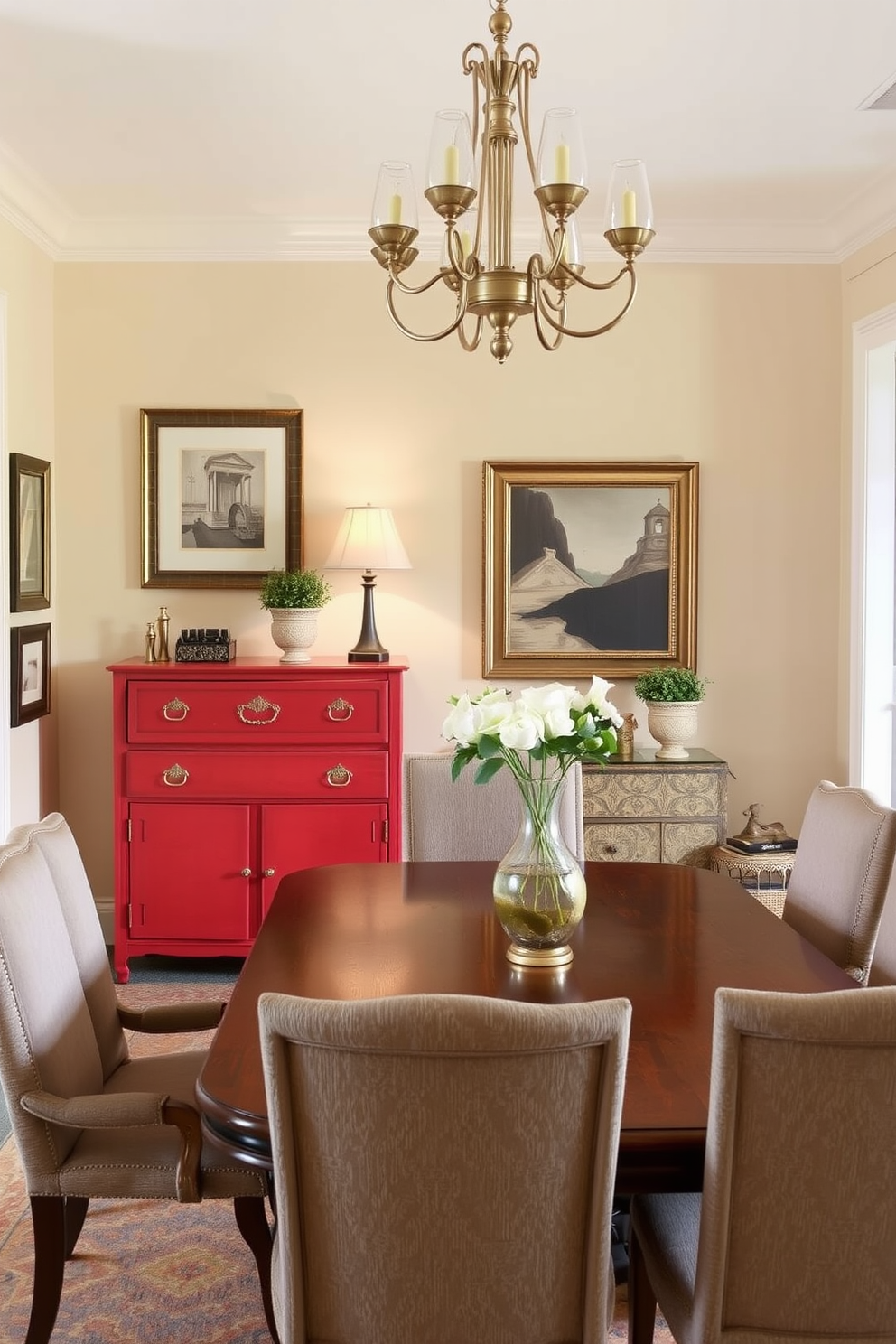 A vintage red sideboard is the focal point of the dining room, offering both storage and a pop of color. The sideboard is adorned with elegant brass hardware and is complemented by a rich wooden dining table surrounded by upholstered chairs. The walls are painted in a warm cream tone, creating a cozy atmosphere. Soft lighting from a chandelier above enhances the inviting ambiance, while decorative elements like framed art and potted plants add character to the space.