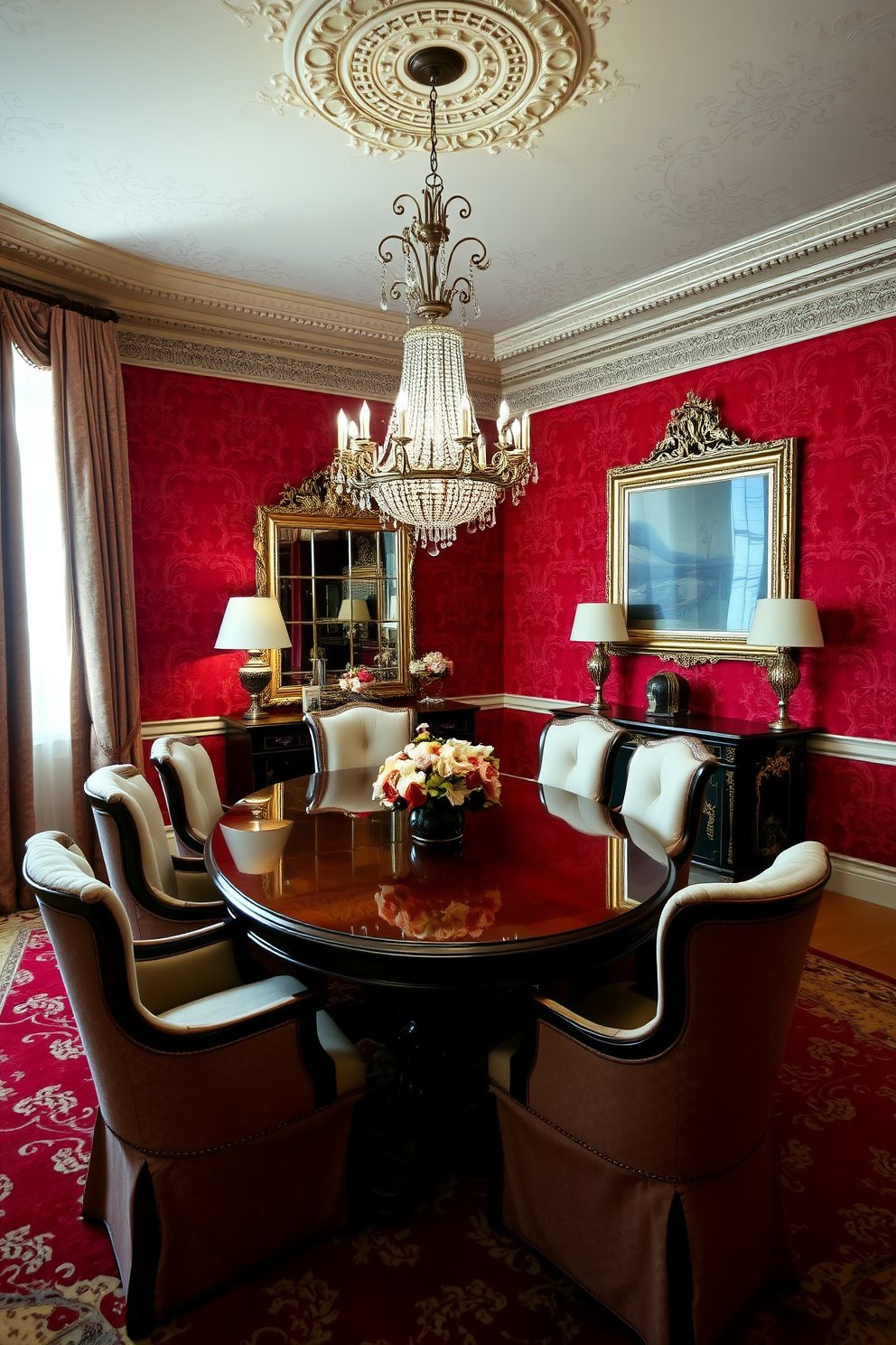 A luxurious dining room featuring rich red wallpaper adorned with intricate patterns that add depth and elegance to the space. A grand wooden dining table is set in the center, surrounded by plush upholstered chairs that complement the vibrant wall color. Soft lighting from an ornate chandelier casts a warm glow, enhancing the opulent atmosphere. Decorative elements like a large framed mirror and tasteful artwork adorn the walls, creating a sophisticated dining experience.