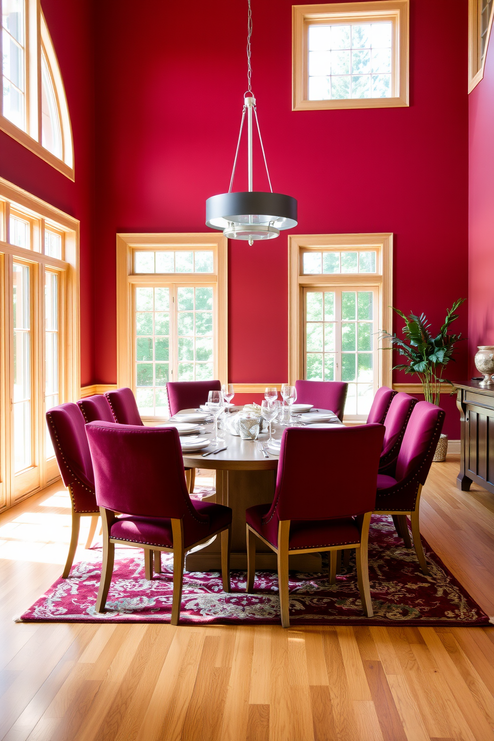 A stunning dining room featuring a rich red accent wall that complements the natural wood tones of the dining table and chairs. The table is set for an elegant dinner with white plates and silver cutlery, surrounded by plush upholstered chairs in a deep burgundy fabric. Large windows allow natural light to flood the space, highlighting the warm wood floors and a beautiful area rug beneath the table. A modern chandelier hangs above, adding a touch of sophistication and warmth to the inviting atmosphere.