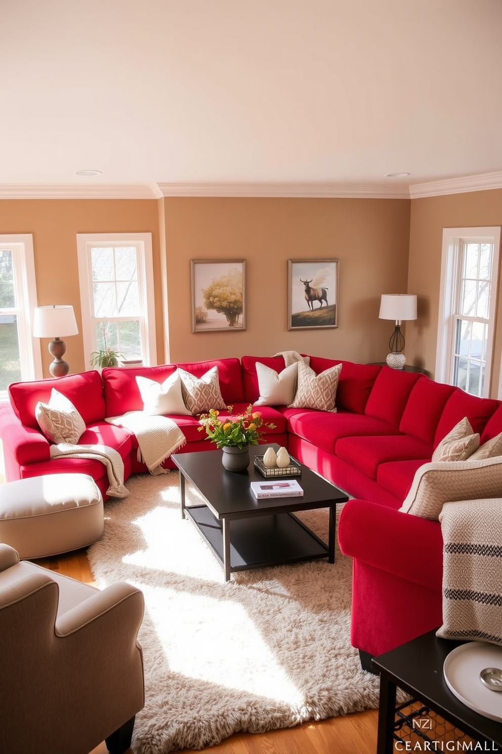 A bold red sectional sofa takes center stage in a spacious family room, surrounded by soft neutral accents that create a harmonious balance. The walls are painted in a warm beige, complementing the rich tones of the furniture and enhancing the inviting atmosphere. Large windows allow natural light to flood the space, highlighting a plush area rug that anchors the seating arrangement. Decorative throw pillows in various textures add depth and comfort, while a stylish coffee table sits in front, perfect for family gatherings.