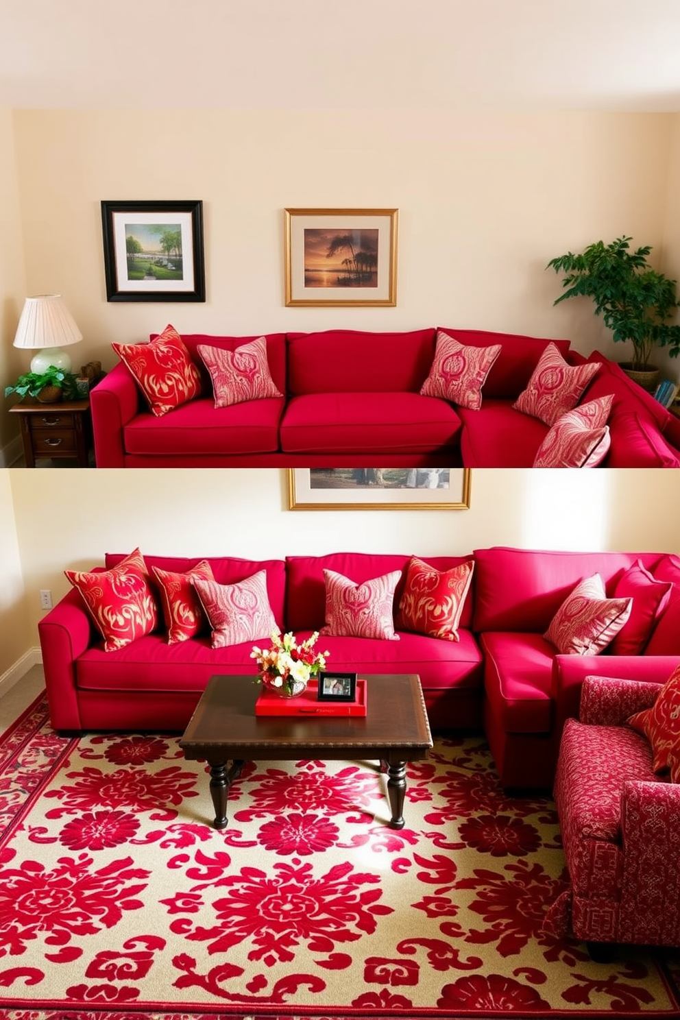 A cozy family room filled with warmth and energy. The space features a large sectional sofa upholstered in a vibrant red fabric, accented with patterned throw pillows showcasing various shades of red. A bold area rug with intricate red patterns anchors the seating area. The walls are painted a soft cream, enhancing the richness of the red textiles and creating a welcoming atmosphere.