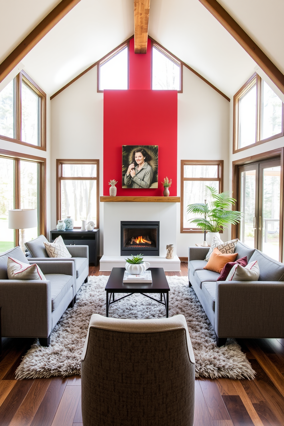 A bright red fireplace serves as the focal point of a cozy family room, surrounded by comfortable seating options in soft gray tones. Large windows allow natural light to flood the space, while a plush area rug anchors the seating arrangement, creating an inviting atmosphere.