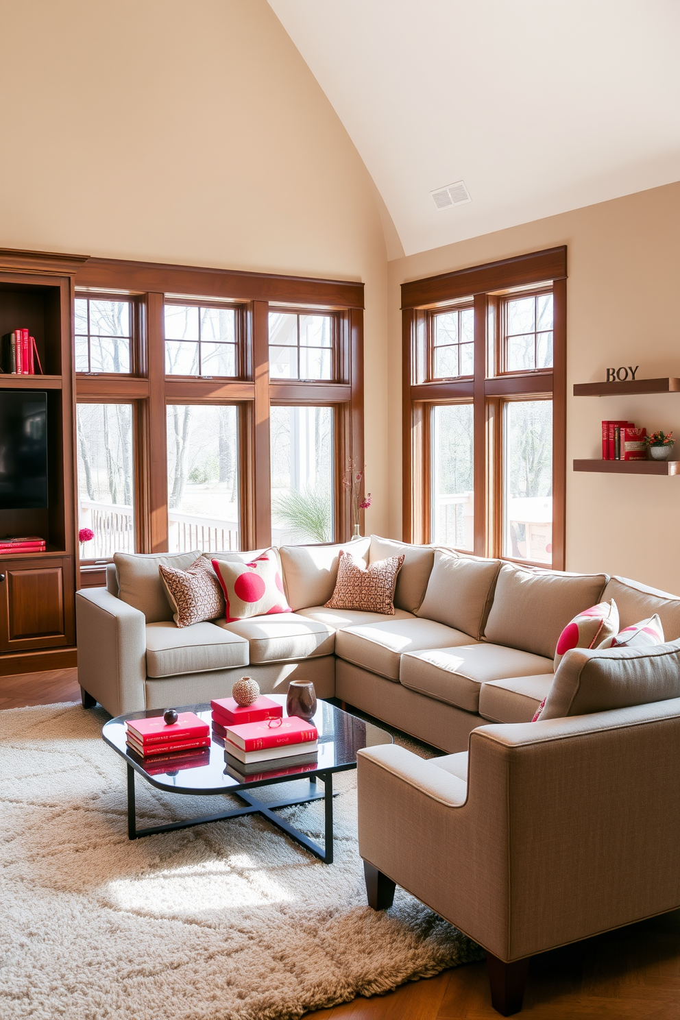 A warm family room designed in a contemporary style featuring a cozy sectional sofa upholstered in neutral fabric. The space is accented with red decorative books displayed on a stylish coffee table, adding a pop of color and personality to the room. The walls are painted in a soft beige to create a welcoming atmosphere, complemented by rich wooden shelves that showcase more red accents. Large windows allow natural light to flood the room, highlighting a plush area rug that ties the color scheme together.