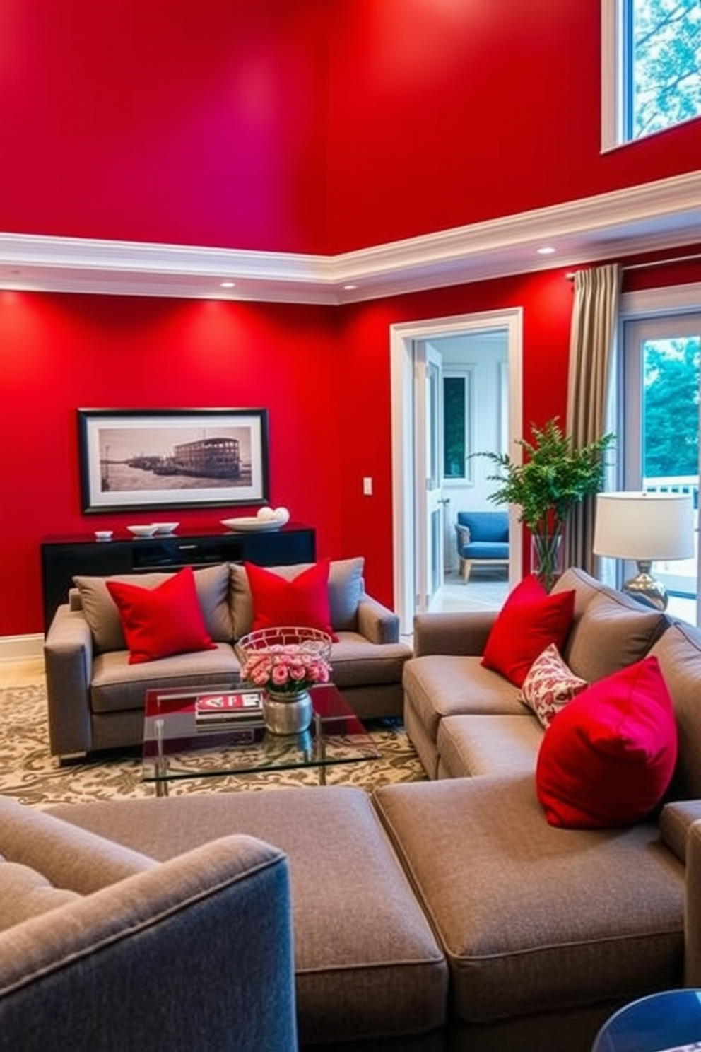 A luxurious family room featuring a red and gray color scheme. The walls are painted in a deep red hue, complemented by gray upholstered furniture that invites relaxation. A sleek gray sectional sofa is arranged around a modern glass coffee table. Decorative red throw pillows add a pop of color, while a stylish area rug anchors the seating area.