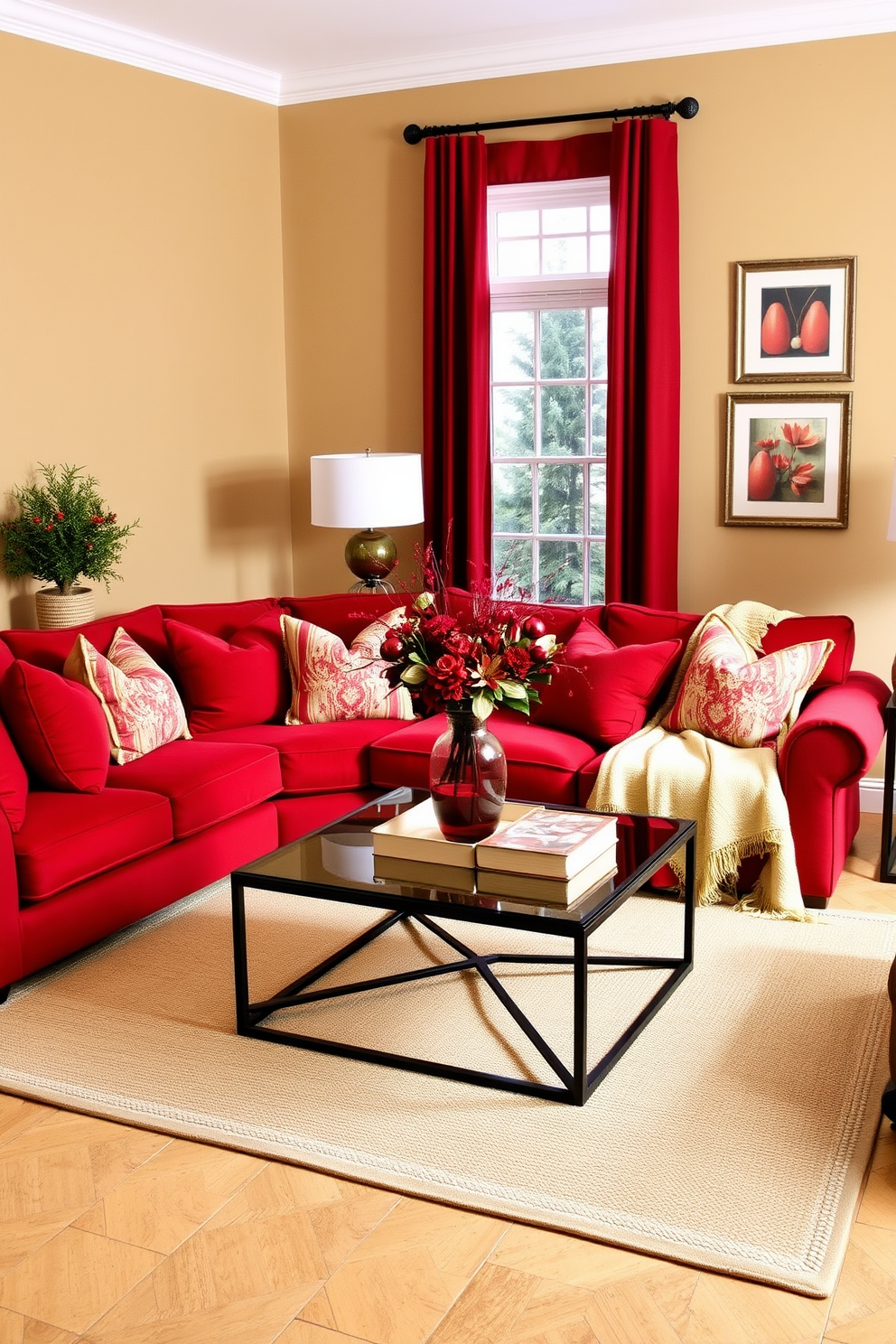 A cozy family room adorned with red accessories for seasonal decor. The walls are painted a warm beige, and a plush red sofa is the focal point of the space. Accent pillows in various shades of red are scattered across the sofa, complemented by a soft beige throw blanket. A stylish coffee table sits in the center, adorned with a decorative red vase filled with seasonal flowers. A large area rug in neutral tones anchors the seating area, while red curtains frame the windows, adding a pop of color. On the walls, framed artwork features red accents, enhancing the overall festive atmosphere.