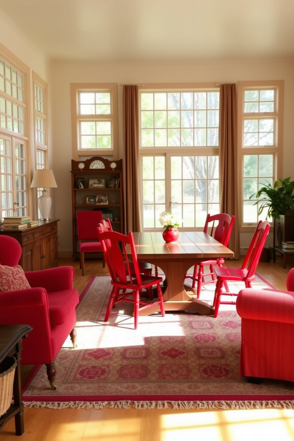 A vibrant family room featuring red dining chairs arranged around a rustic wooden table. The space is filled with natural light from large windows, creating a warm and inviting atmosphere. The walls are painted in a soft cream color, complementing the bold red of the chairs. A cozy area rug anchors the seating area, enhancing the room's overall comfort and style.