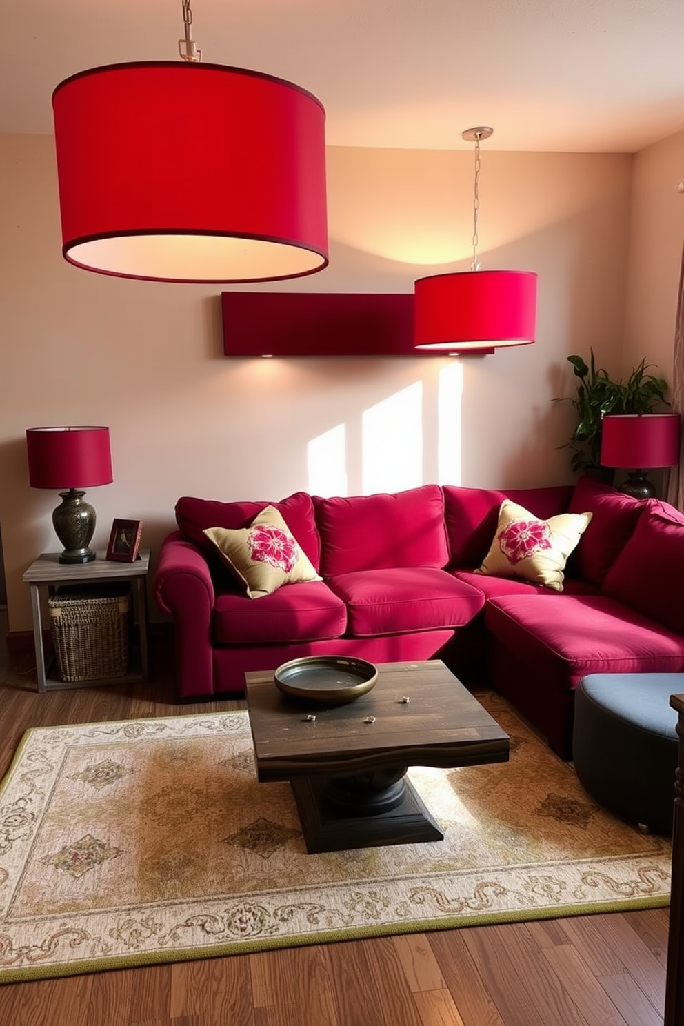 A cozy family room with red lampshades casting warm light throughout the space. The walls are painted in a soft beige, and a plush sectional sofa in a rich burgundy hue anchors the room. Accent pillows in various shades of red and gold add texture and comfort to the seating area. A rustic wooden coffee table sits in the center, surrounded by a soft area rug featuring a geometric pattern.