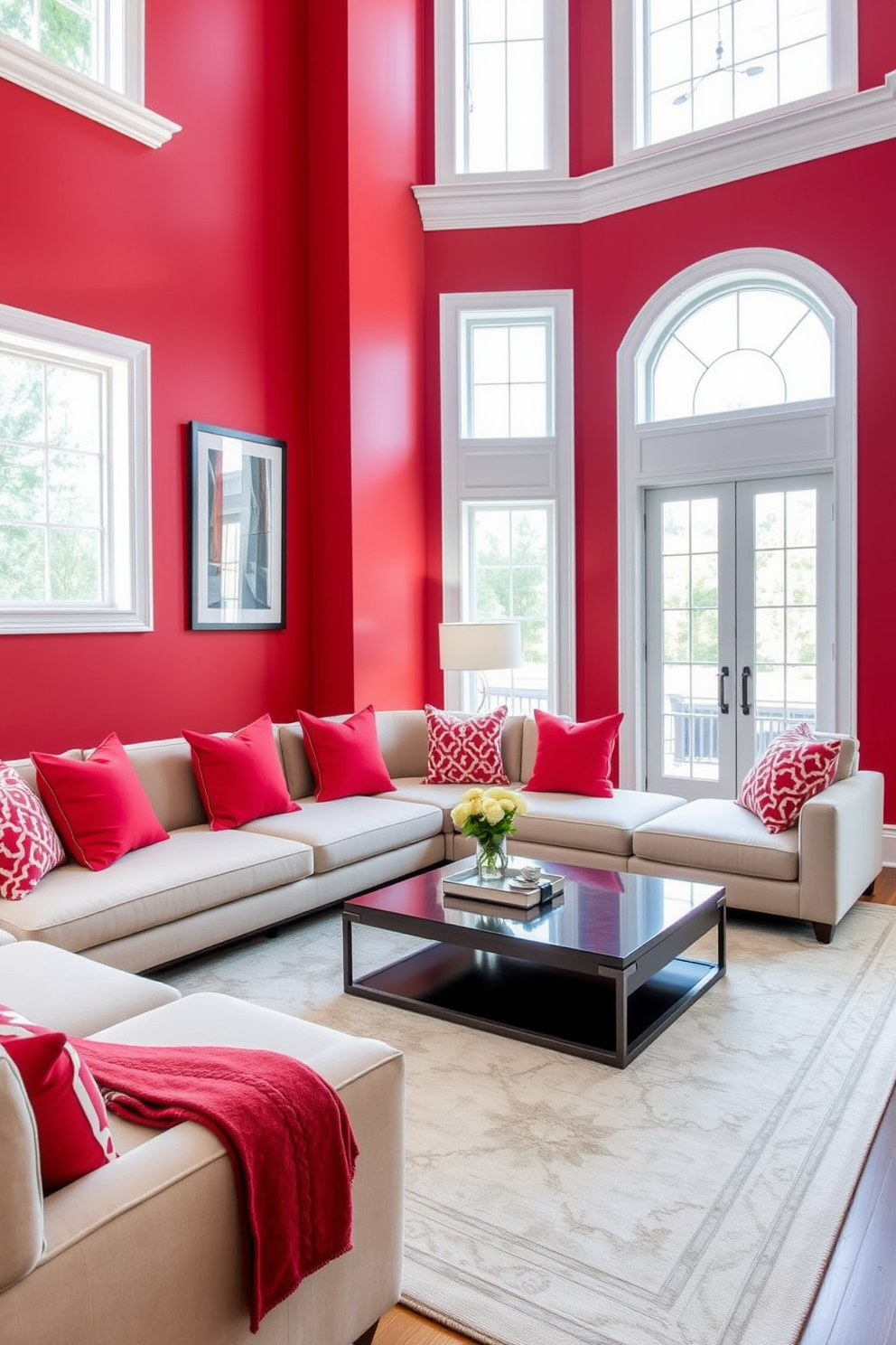 A cozy family room featuring a striking red feature wall adorned with white trim. The space includes a plush sectional sofa in neutral tones, complemented by vibrant red and white throw pillows. A large area rug with a subtle pattern anchors the seating area, while a sleek coffee table sits at the center. Floor-to-ceiling windows allow natural light to flood the room, enhancing the warmth of the red wall.