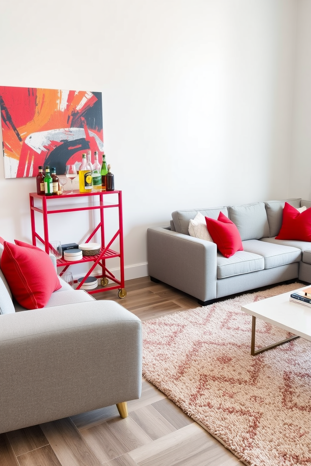 A stylish red bar cart is positioned against a sleek white wall, adorned with an array of glassware and colorful cocktail ingredients. The cart features gold accents and is complemented by a vibrant abstract painting hanging above it, adding a touch of elegance to the space. The family room is designed with a cozy sectional sofa in soft gray fabric, accented by red and white throw pillows. A modern coffee table sits in the center, surrounded by a plush area rug that ties the red and gray color scheme together beautifully.