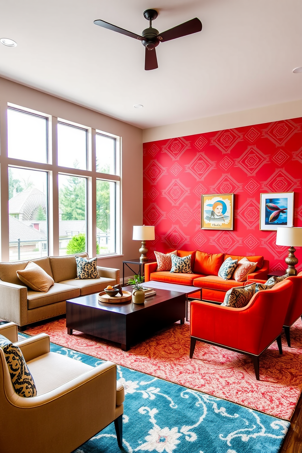 A vibrant family room featuring a striking red accent wall adorned with bold geometric patterns. The space is filled with comfortable seating, including a plush sectional sofa and modern armchairs, all arranged around a stylish coffee table. Large windows allow natural light to flood the room, enhancing the warm tones of the decor. Complementary accessories, such as throw pillows and artwork, add depth and character to the inviting atmosphere.