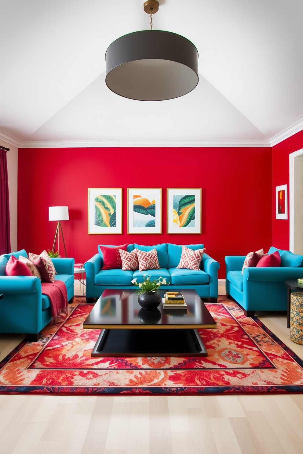 A vibrant family room featuring a bold red accent wall that creates a striking backdrop. Plush turquoise sofas are arranged around a sleek coffee table, inviting relaxation and conversation. The room is adorned with colorful throw pillows in various patterns that complement the red and turquoise theme. A large area rug ties the space together, showcasing a blend of both colors for a cohesive look.