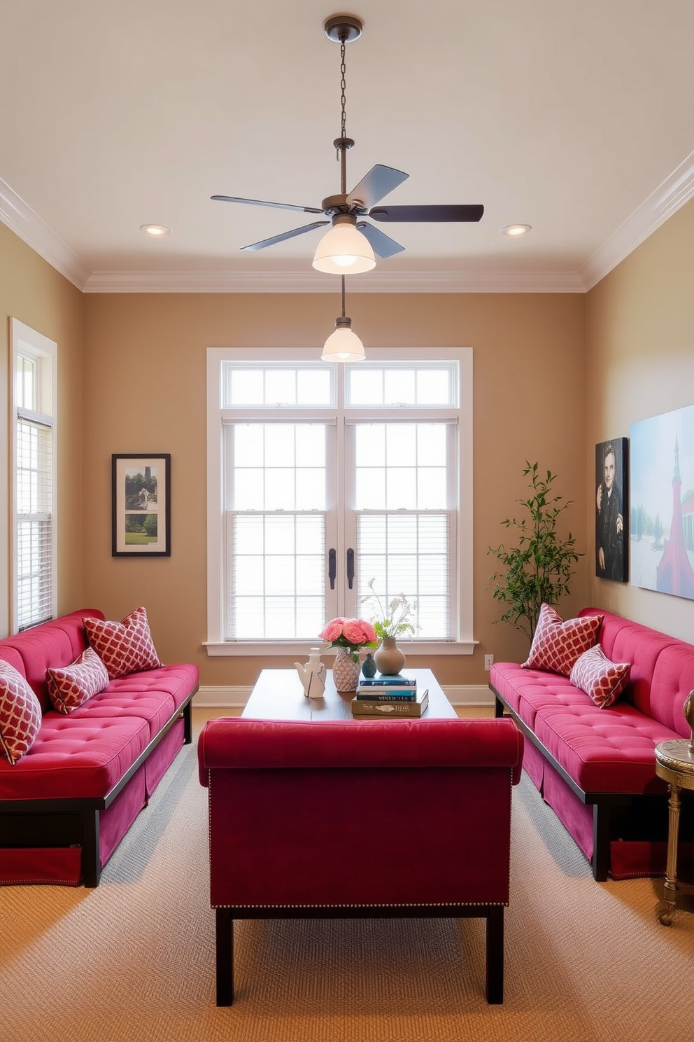 A cozy family room featuring red upholstered benches that provide additional seating. The benches are strategically placed around a large coffee table, creating an inviting gathering space for family and friends. The walls are painted in a warm neutral tone, complementing the vibrant red of the benches. Soft lighting fixtures hang from the ceiling, enhancing the room's welcoming atmosphere.