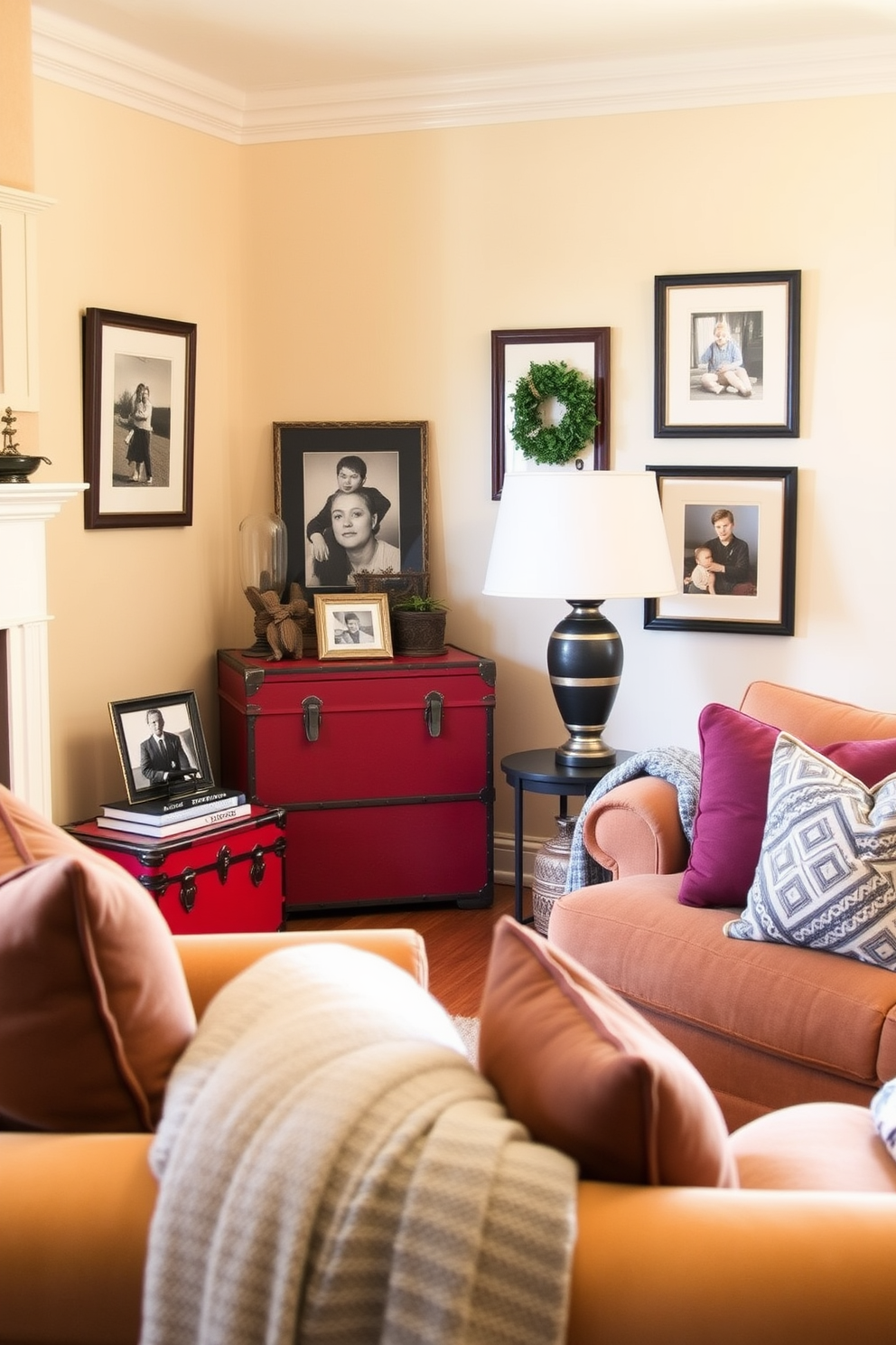 A vintage red trunk sits elegantly in the corner of the family room, serving as both a stylish storage solution and a conversation piece. The room is adorned with plush seating in warm tones, complemented by soft lighting that creates an inviting atmosphere. The walls are painted in a rich cream color, enhancing the vintage charm of the space. Decorative elements like framed family photos and cozy throw blankets add a personal touch to the inviting family room design.