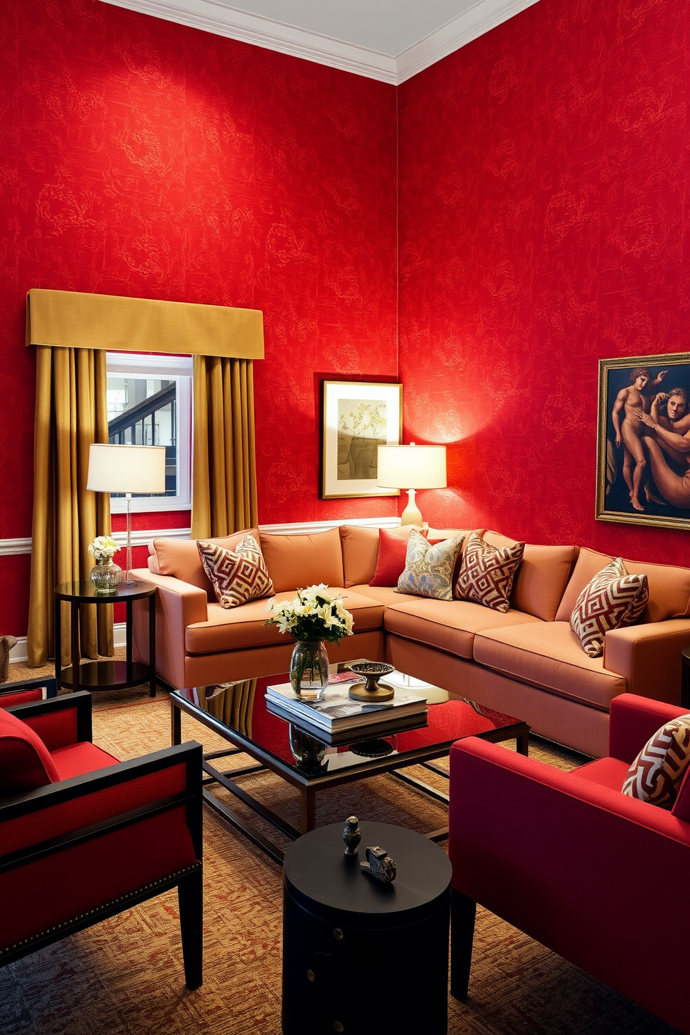 A bold red wallpaper with subtle designs covers the walls of the family room, creating a warm and inviting atmosphere. The space features a plush sectional sofa in a complementary shade, accented by decorative pillows that enhance the room's color scheme. A sleek coffee table made of glass and metal sits at the center, surrounded by stylish accent chairs that invite conversation. Soft lighting from elegant floor lamps casts a cozy glow, highlighting the artistic elements and creating a perfect space for relaxation.