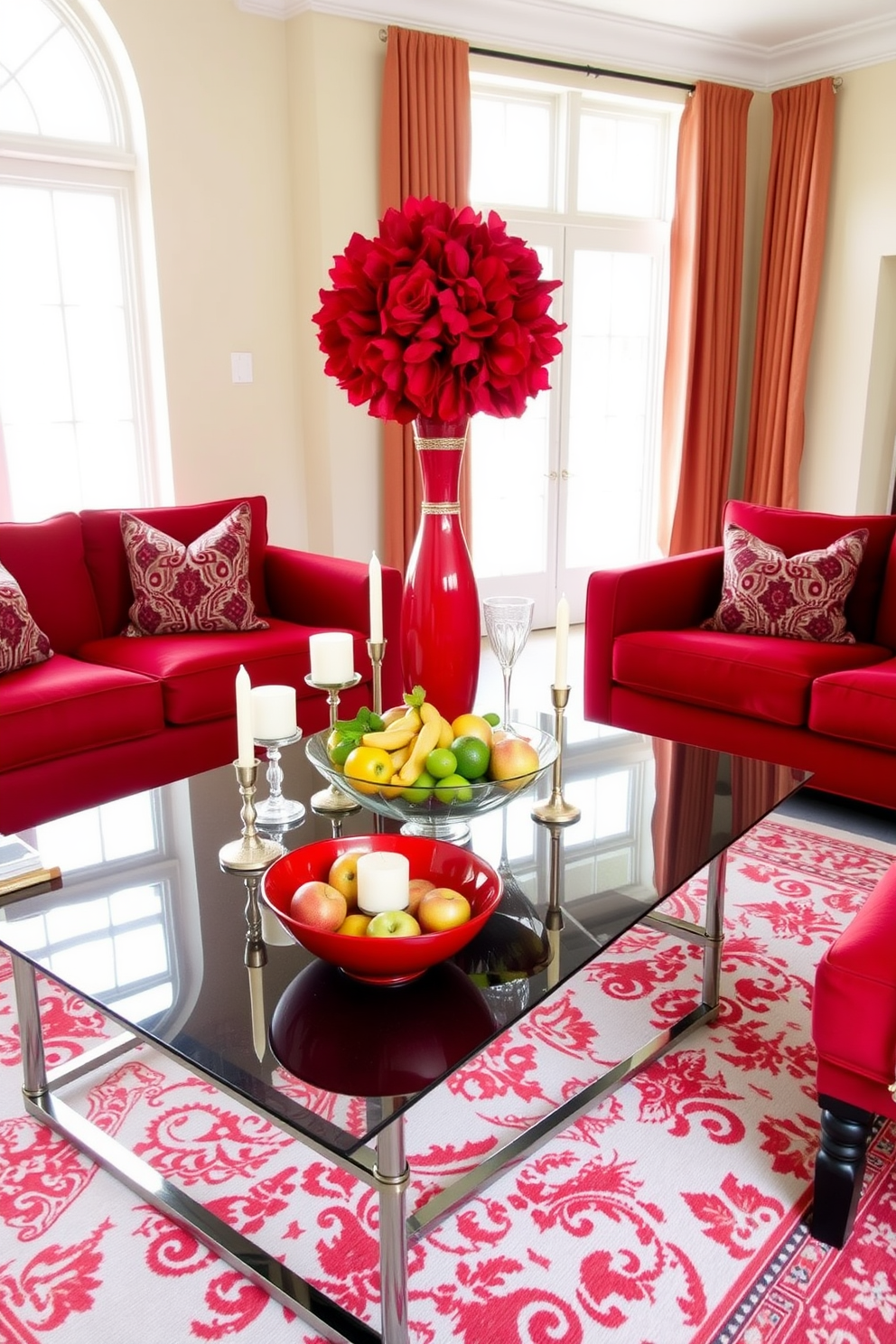 A vibrant red centerpiece sits atop a sleek coffee table, surrounded by an arrangement of decorative candles and a stylish bowl of fresh fruit. The coffee table is placed in a cozy family room designed with plush red sofas and accent pillows, creating a warm and inviting atmosphere. The walls are adorned with soft neutral tones, providing a perfect contrast to the bold red elements. Large windows allow natural light to flood the room, highlighting the elegant rug that ties the space together.