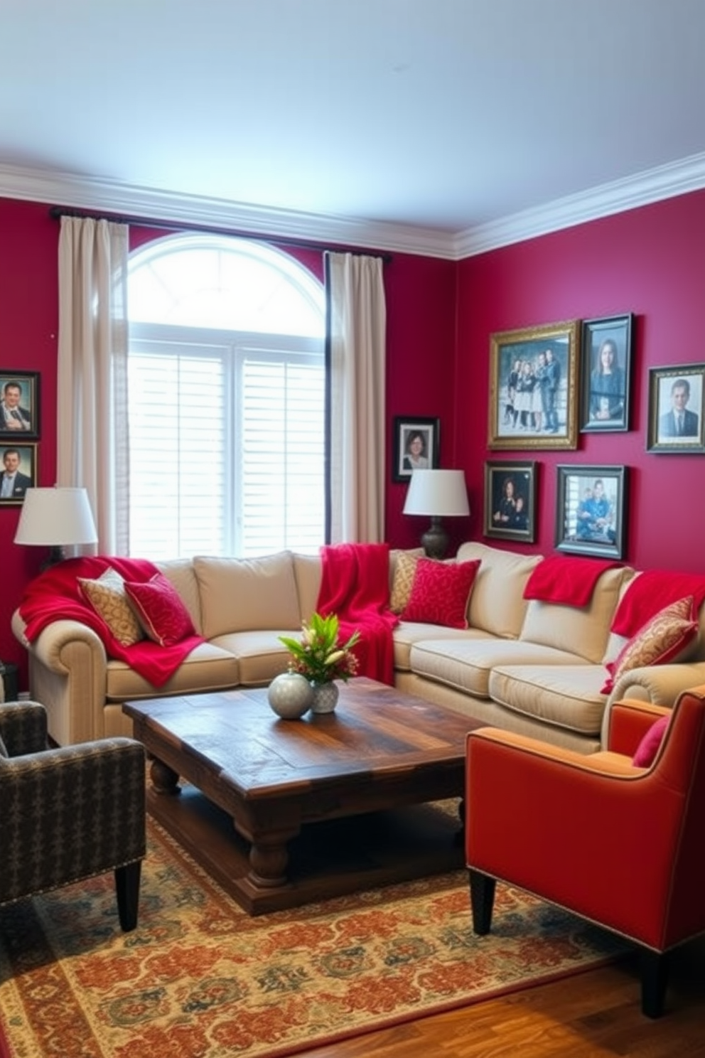 A cozy family room featuring a rich red color palette. Plush red throw blankets are draped over a soft beige sectional sofa, inviting warmth and comfort. The walls are adorned with family photos in elegant frames, creating a personal touch. A rustic wooden coffee table sits in the center, surrounded by stylish accent chairs in complementary colors.