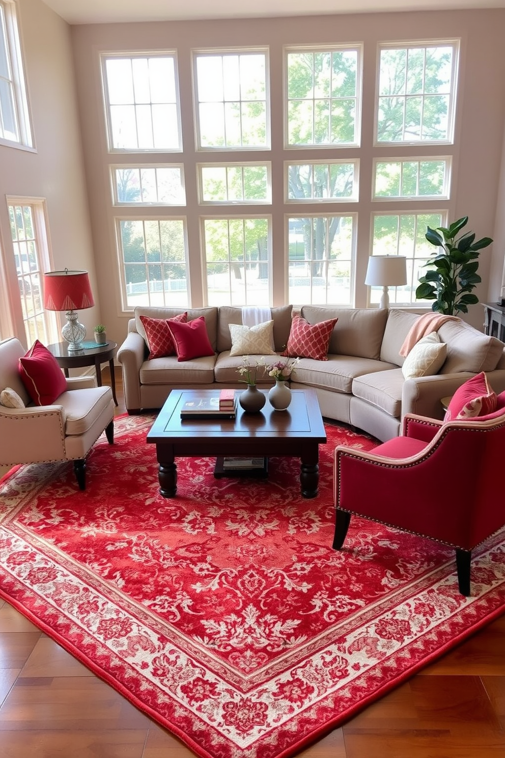 A cozy family room adorned with a layered red and cream area rug that adds warmth and texture to the space. The room features a comfortable sectional sofa in a neutral tone, complemented by vibrant red and cream throw pillows for a cohesive look. Large windows allow natural light to flood the room, highlighting the rich colors of the decor. A wooden coffee table sits at the center, surrounded by stylish accent chairs that invite relaxation and conversation.