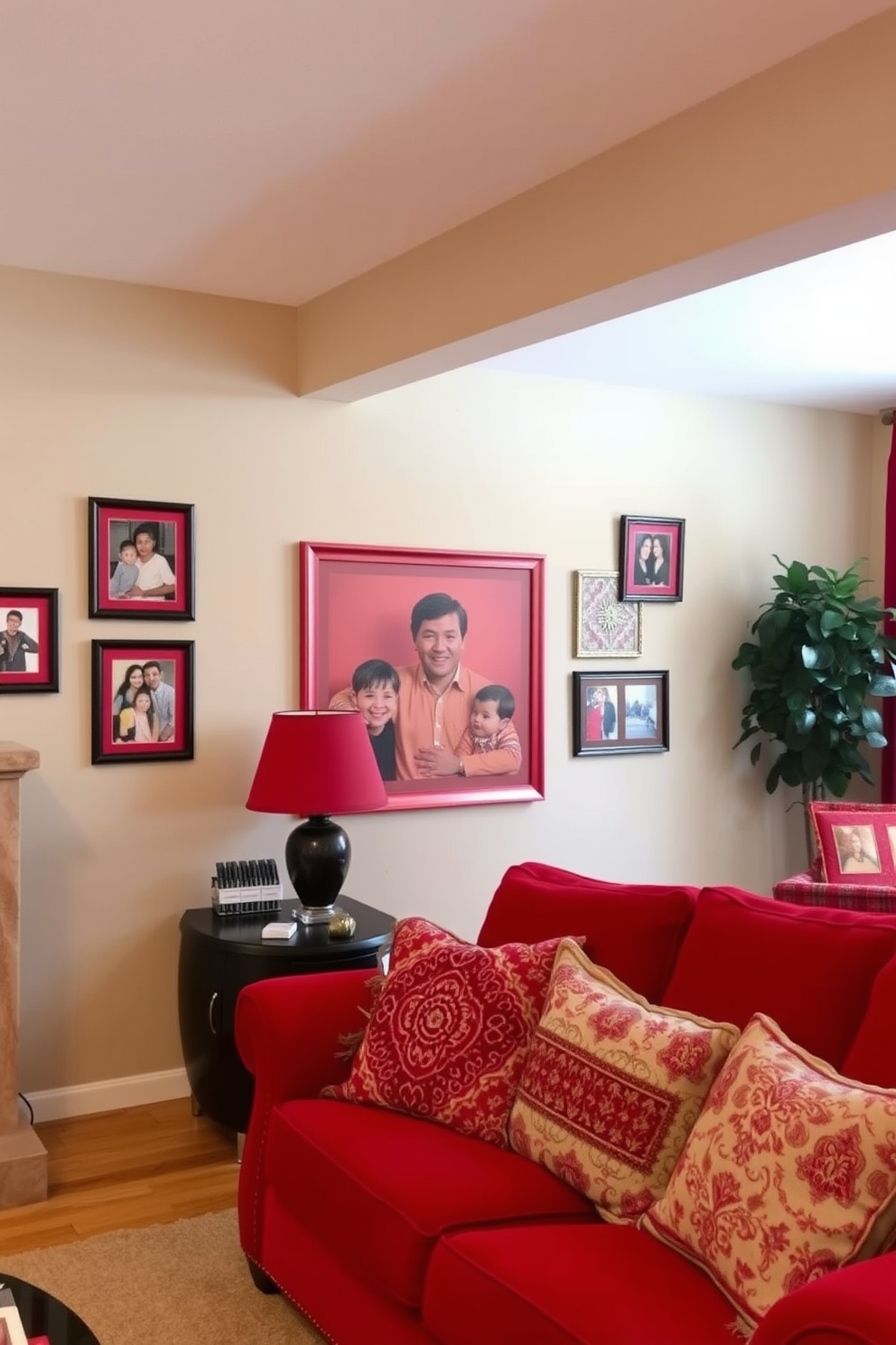 A cozy family room filled with warmth and personality. The walls are painted in a soft beige, creating a neutral backdrop for vibrant red accents. Framed family photos with red borders adorn the walls, adding a personal touch to the space. A plush red sofa invites relaxation, complemented by a mix of patterned throw pillows that incorporate shades of red and cream.