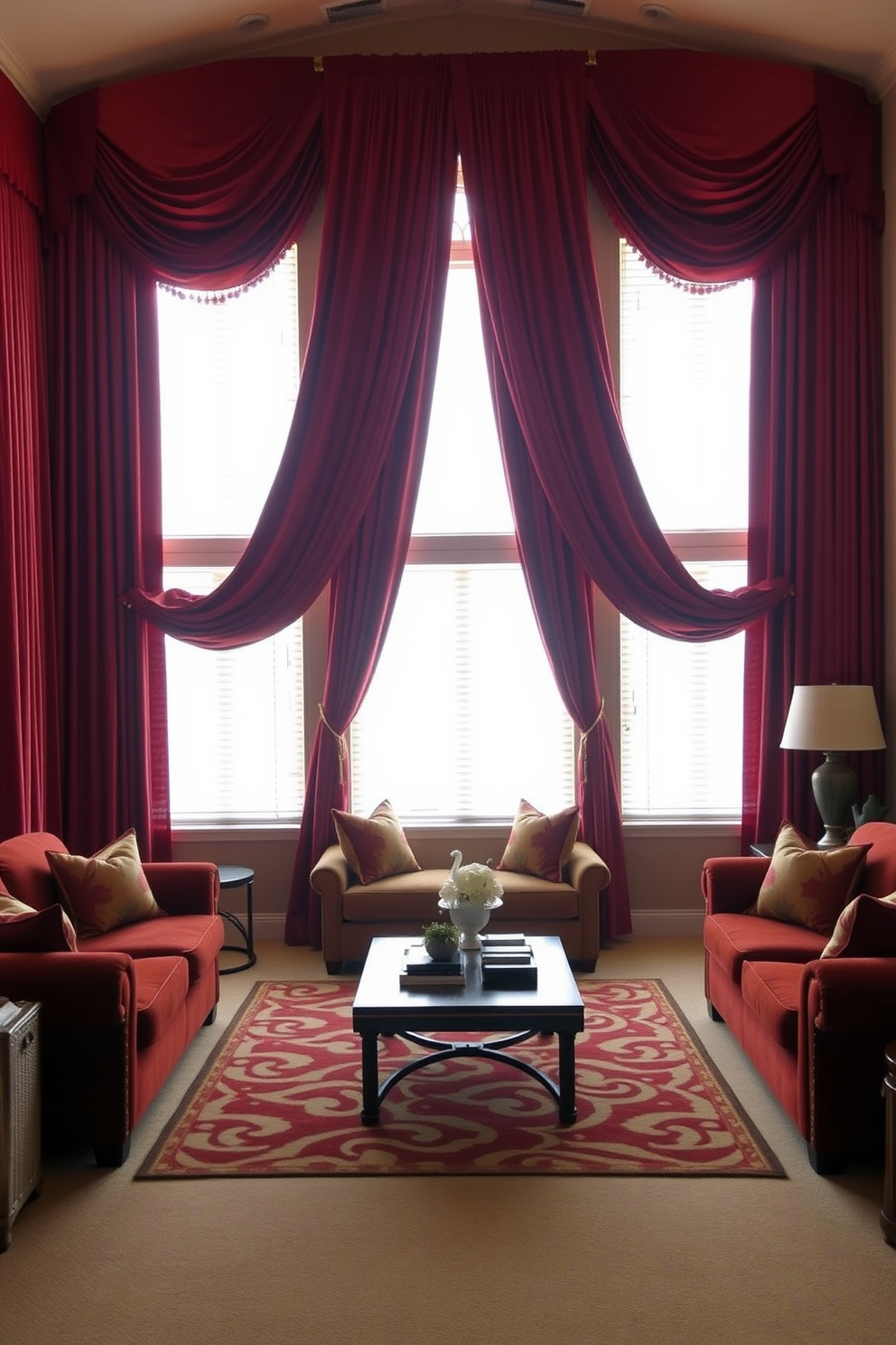 A cozy family room featuring rich red curtains that elegantly frame large windows, allowing soft light to filter through light blinds. The space is adorned with plush seating arrangements in warm tones, complemented by a stylish coffee table at the center, creating an inviting atmosphere for relaxation and gatherings.