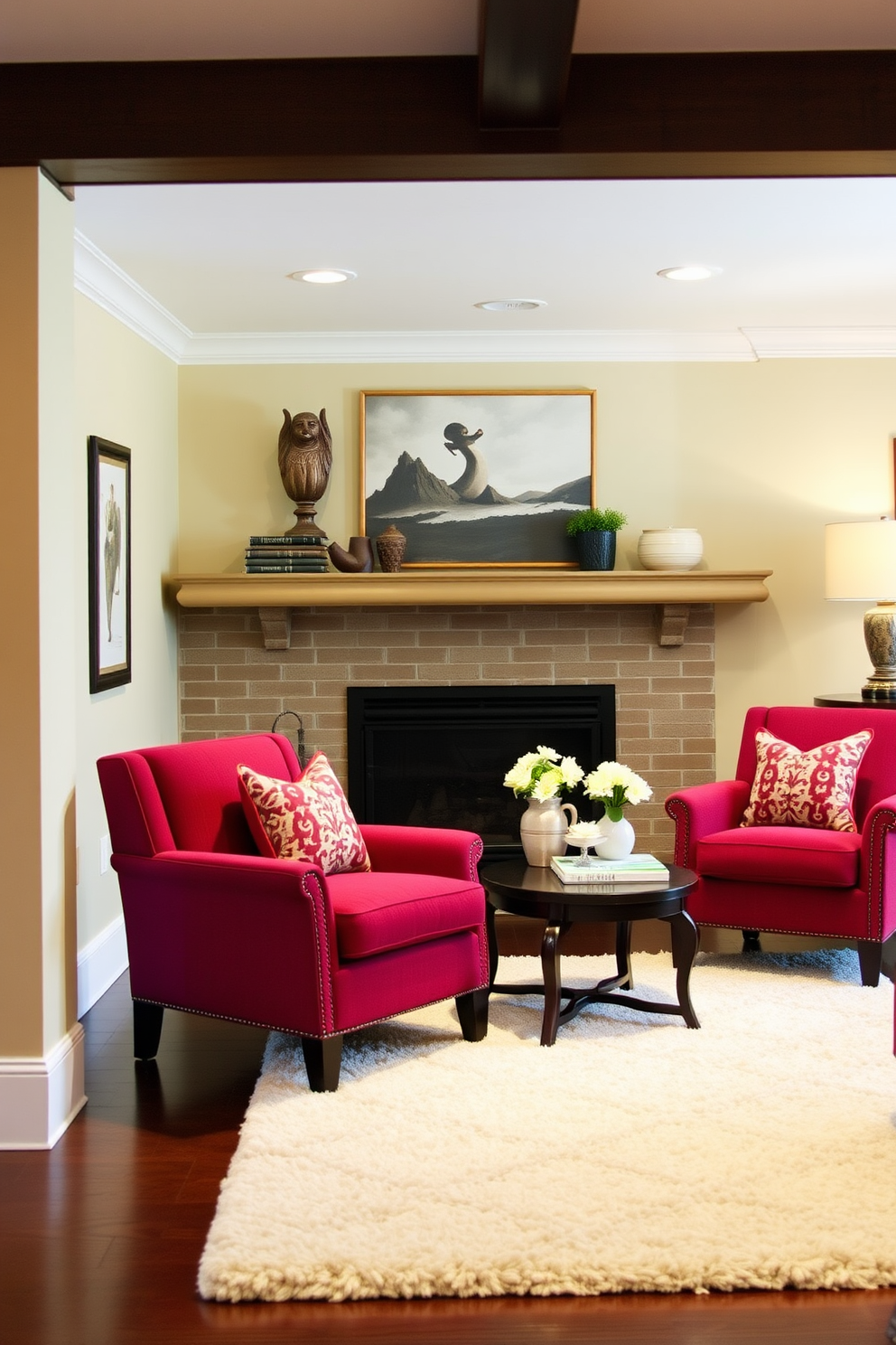 A cozy family room featuring accent chairs upholstered in deep crimson fabric. The walls are painted a soft beige, and a plush area rug anchors the seating area, providing warmth and comfort.