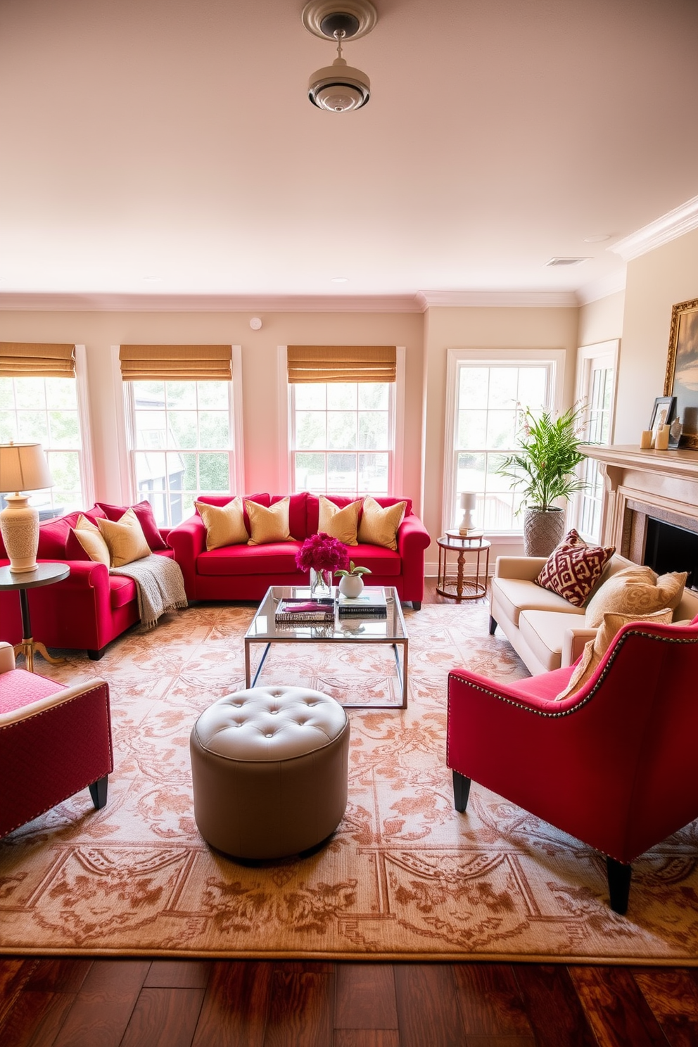 A warm and inviting family room featuring a plush red sofa adorned with gold decorative throw pillows. The walls are painted a soft cream color, and a large area rug in neutral tones anchors the space, creating a cozy atmosphere. A stylish coffee table sits in the center, surrounded by comfortable seating options, including accent chairs in coordinating shades. Large windows allow natural light to flood the room, enhancing the vibrant red and gold accents throughout the design.