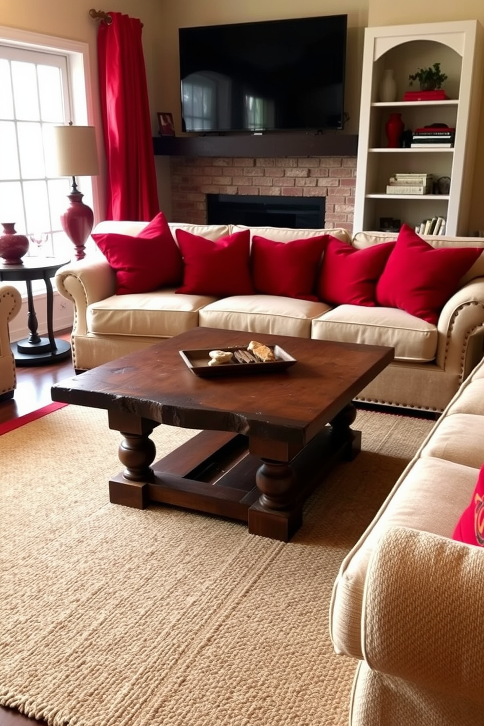 A rustic wooden coffee table sits in the center of a cozy family room adorned with warm red accents. Plush red cushions are scattered across a soft beige sofa, creating an inviting and comfortable atmosphere.