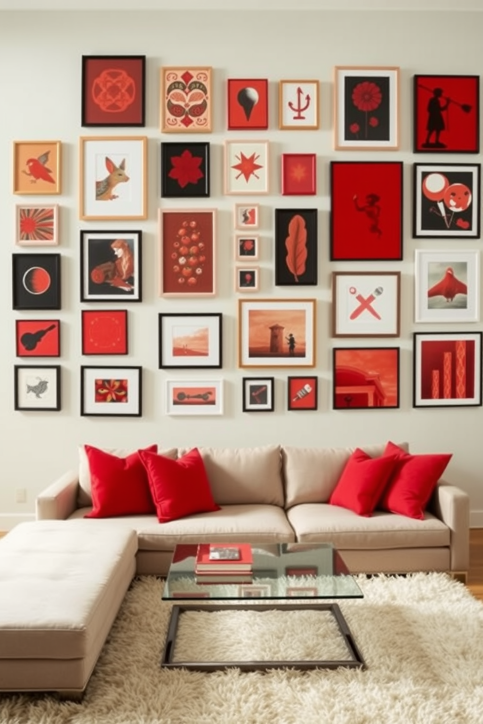 A gallery wall showcasing an array of red-themed artwork dominates the space. The artwork varies in style and size, creating a vibrant focal point that energizes the room. The family room features a cozy sectional sofa in a neutral tone, accented with red throw pillows. A sleek coffee table sits in the center, surrounded by a plush area rug that ties the design together.