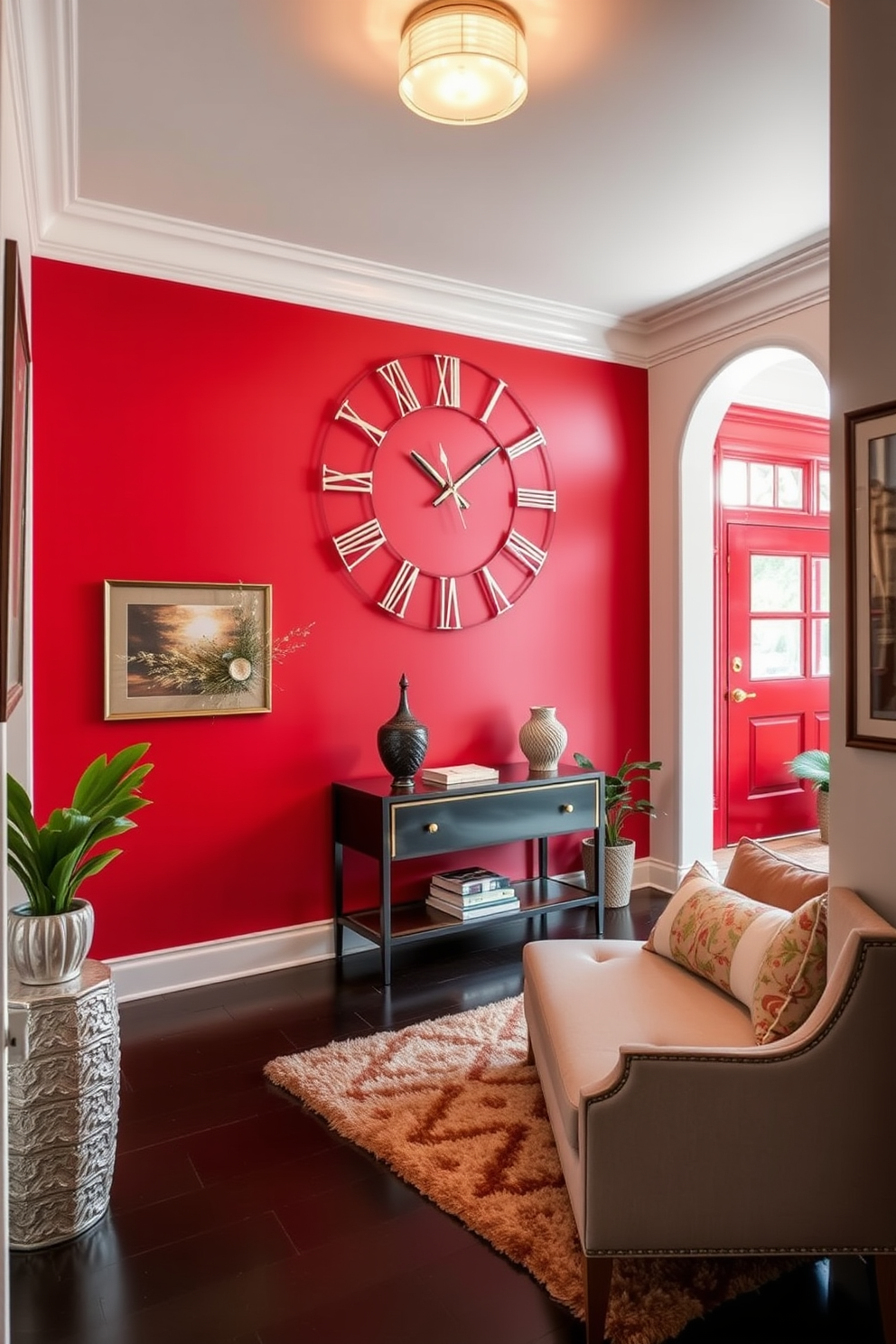 A striking red wall clock serves as the focal point of the foyer, drawing attention with its bold color and unique design. The space is adorned with elegant furnishings, including a sleek console table and a stylish bench, creating a warm and inviting atmosphere. The red foyer features a harmonious blend of textures and materials, with a plush area rug anchoring the space. Complementary decor elements, such as artwork and potted plants, enhance the overall aesthetic while maintaining a cohesive look.