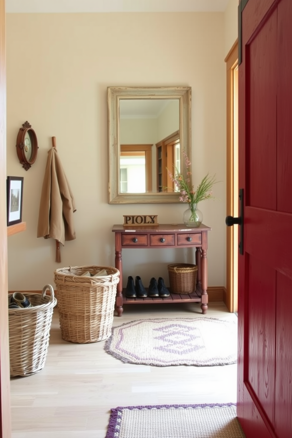 A rustic red barn door welcomes you into a charming entryway filled with character. The foyer features warm wooden accents, a vintage console table, and a woven basket for shoes, creating an inviting atmosphere. The walls are adorned with soft cream paint, complementing the rich red of the barn door. A large mirror with a distressed frame hangs above the console table, reflecting natural light and enhancing the space.