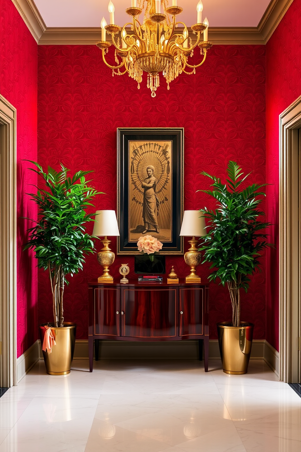 A striking foyer featuring a bold red and gold color scheme. The walls are adorned with rich red wallpaper, while a stunning gold chandelier hangs from the ceiling, casting a warm glow. A luxurious console table in a deep mahogany finish sits against the wall, topped with decorative items in gold accents. Flanking the entrance are tall potted plants with lush green foliage, adding a touch of nature to the elegant space.