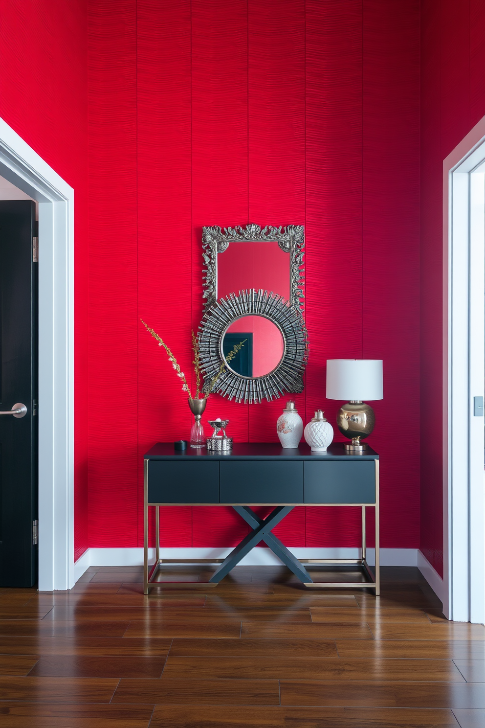 Textured red wall panels create a striking focal point in the foyer, enhancing the sense of depth and warmth. The space features a sleek console table adorned with a decorative mirror and stylish accessories, inviting guests into a vibrant atmosphere.