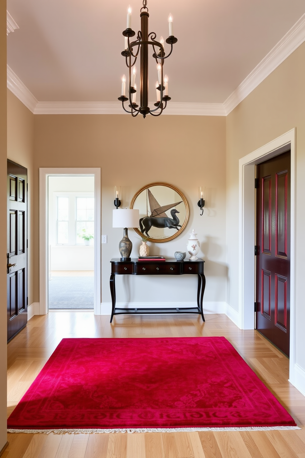 A striking red area rug anchors the foyer, adding warmth and vibrancy to the entryway. The rug's bold color contrasts beautifully with the light hardwood flooring, creating a welcoming atmosphere. The foyer features elegant wall sconces that illuminate the space, highlighting the rich textures of the decor. A stylish console table is placed against the wall, adorned with decorative items that enhance the overall design.