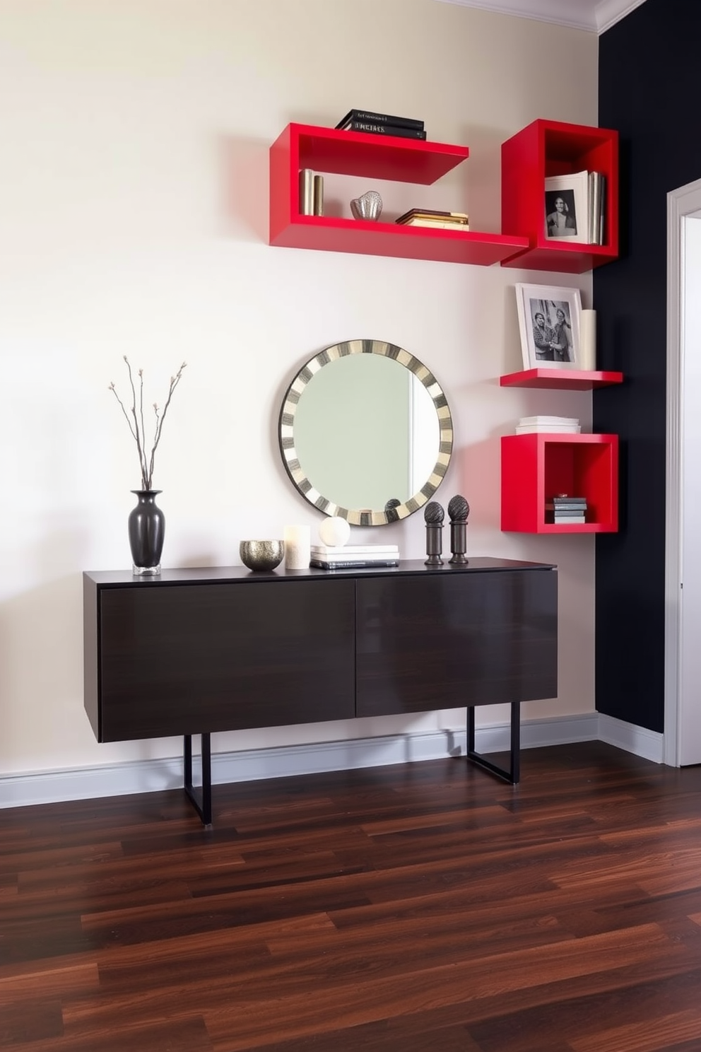 A striking foyer showcases wall-mounted red shelves that elegantly display curated decor items. The walls are painted in a soft neutral tone to create a vibrant contrast with the bold red shelves. The floor features a sleek dark hardwood finish that adds warmth and sophistication to the space. A stylish console table sits beneath the shelves, adorned with decorative objects and a statement mirror above it.