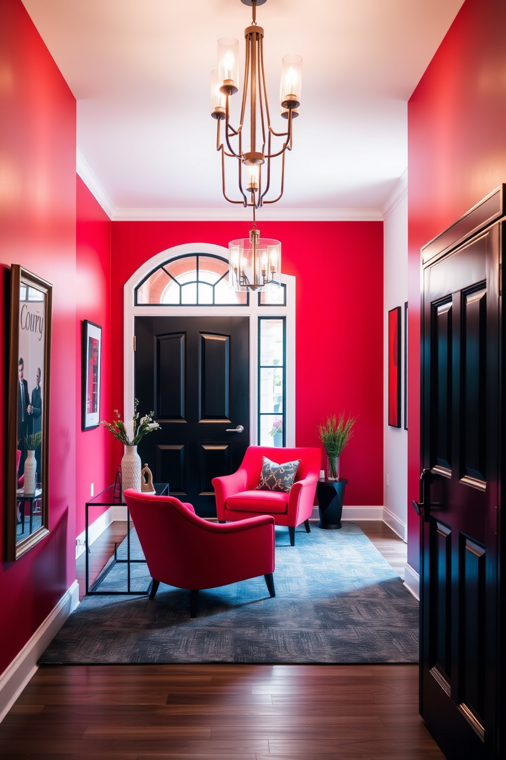 A vibrant red accent chair sits invitingly in the foyer, providing a pop of color and comfort. The chair is paired with a sleek side table, creating a cozy reading nook by the entrance. The foyer features a stylish design with a bold red accent wall that complements the chair. Elegant lighting fixtures hang from the ceiling, illuminating the space and enhancing the welcoming atmosphere.