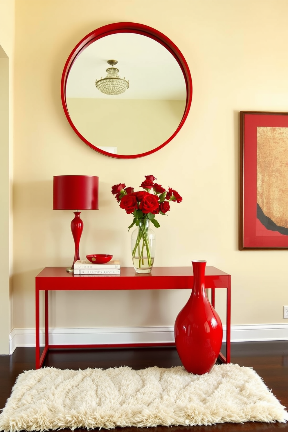 A striking foyer featuring a red and cream color palette that creates a warm and inviting atmosphere. The walls are painted in a soft cream shade, while bold red accents are incorporated through a statement console table and decorative artwork. A large round mirror with a red frame hangs above the console, reflecting natural light and enhancing the space. The floor is adorned with a plush cream area rug, and a vibrant red vase with fresh flowers adds a touch of elegance.