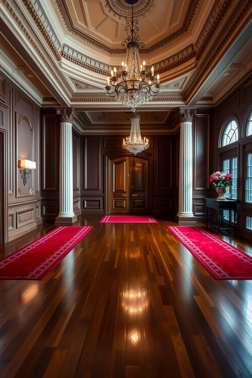 A grand foyer featuring elegant red runners laid on rich hardwood floors. The walls are adorned with intricate moldings and a stunning chandelier hangs from the ceiling, illuminating the space with a warm glow.