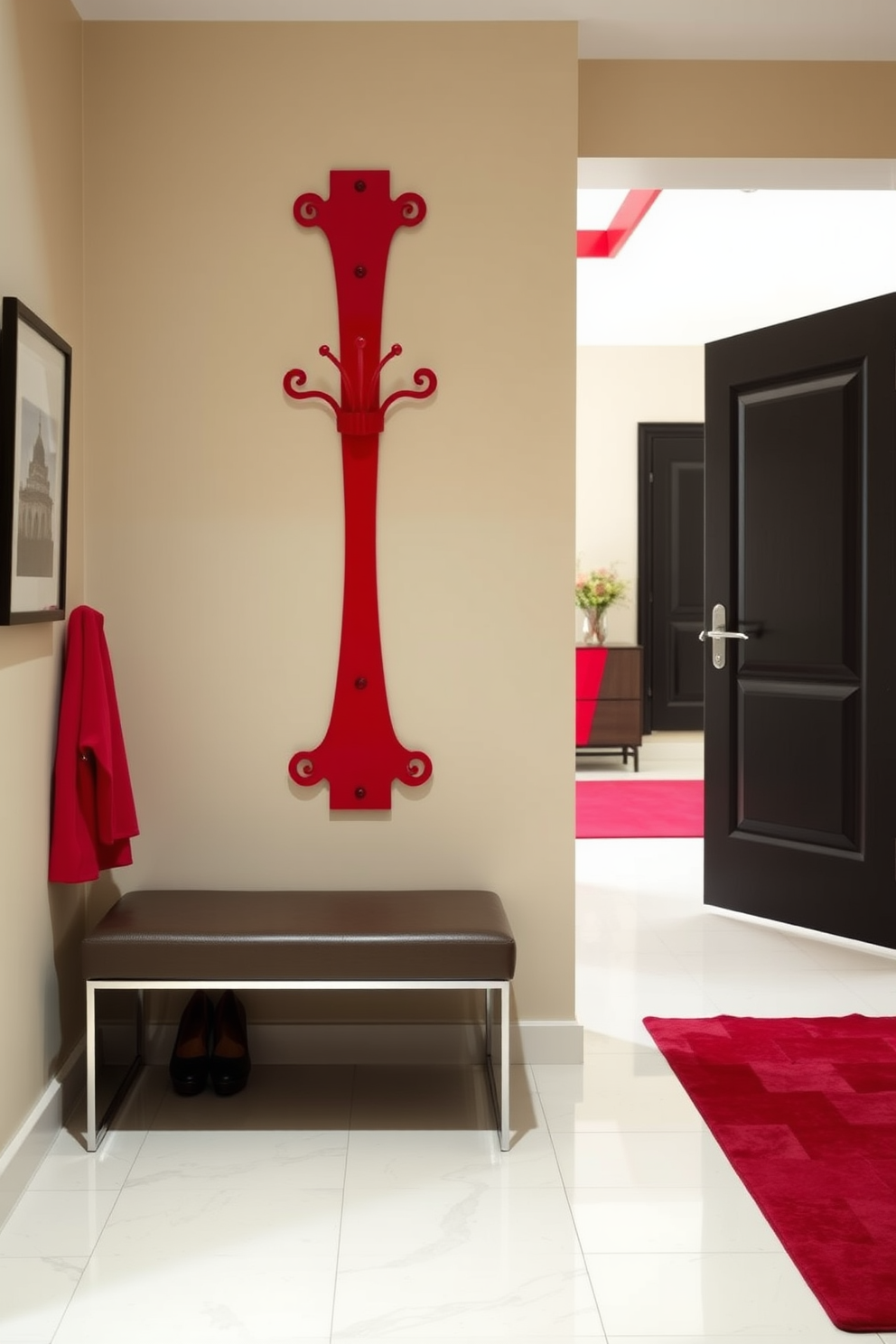 A stylish red coat rack stands prominently against the wall, offering a vibrant pop of color in the foyer. Below the rack, a sleek bench provides a convenient spot for putting on shoes, enhancing the overall functionality of the space. The foyer features elegant red accents, including a matching area rug that complements the coat rack. Soft lighting illuminates the entrance, creating a warm and inviting atmosphere for guests.