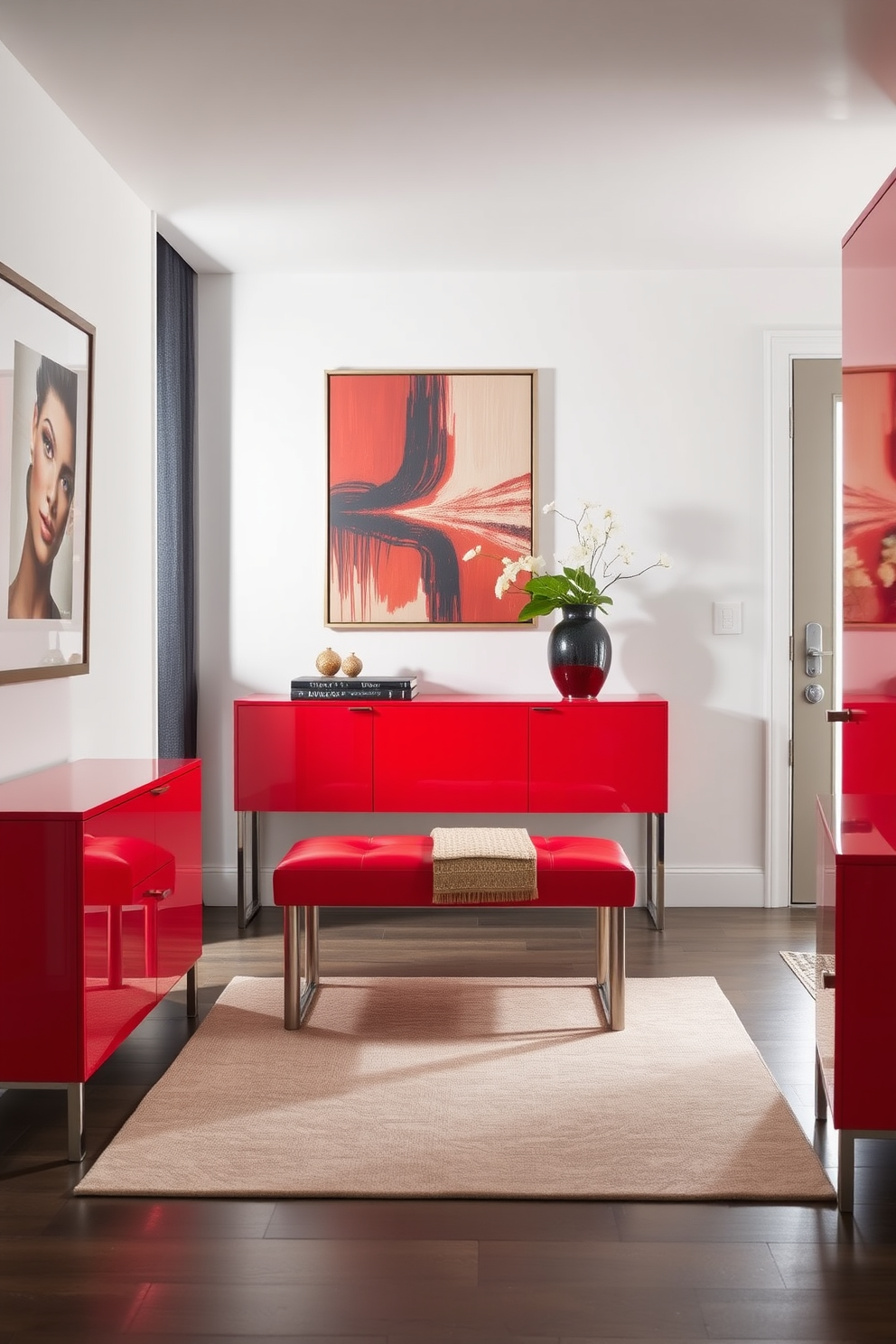 A striking entryway featuring furniture with a glossy red finish that adds a bold pop of color. The space is accented with a sleek console table and a matching bench, creating a welcoming atmosphere. The walls are adorned with elegant artwork that complements the vibrant red tones. A stylish area rug in neutral shades anchors the space, enhancing the overall design.