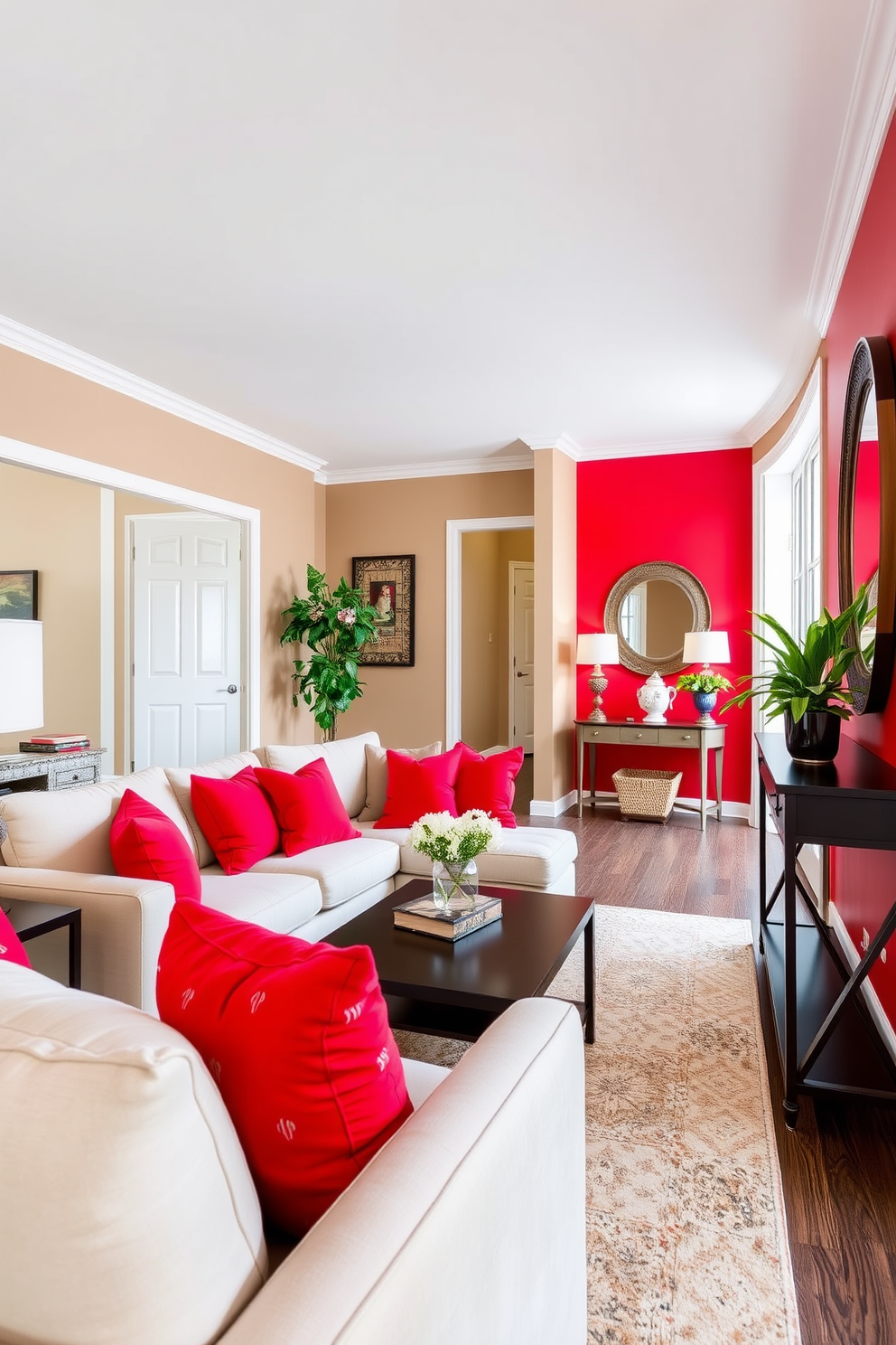 A cozy living room setting featuring a plush sofa adorned with vibrant red throw pillows that add a pop of color. The seating arrangement is complemented by a sleek coffee table and a soft area rug that ties the space together. An inviting foyer design characterized by a bold red accent wall that creates a striking first impression. The space is enhanced with a stylish console table, a decorative mirror, and carefully placed greenery to bring warmth and life.