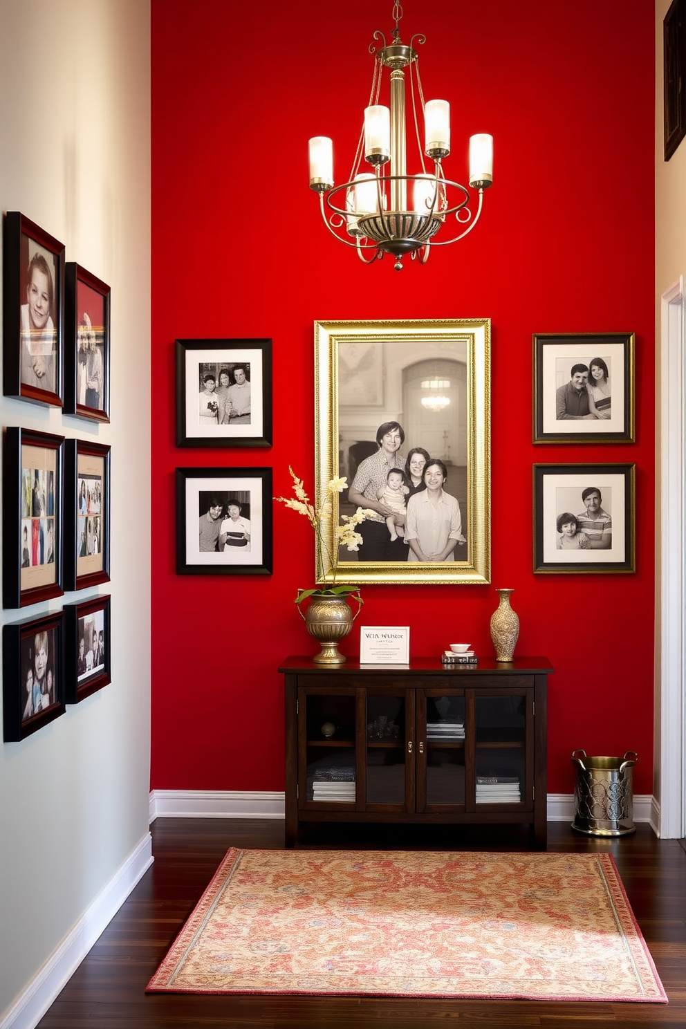 A striking foyer features a bold red accent wall adorned with framed family photos that capture cherished memories. The space is illuminated by a stylish chandelier, enhancing the warmth and vibrancy of the red tones.