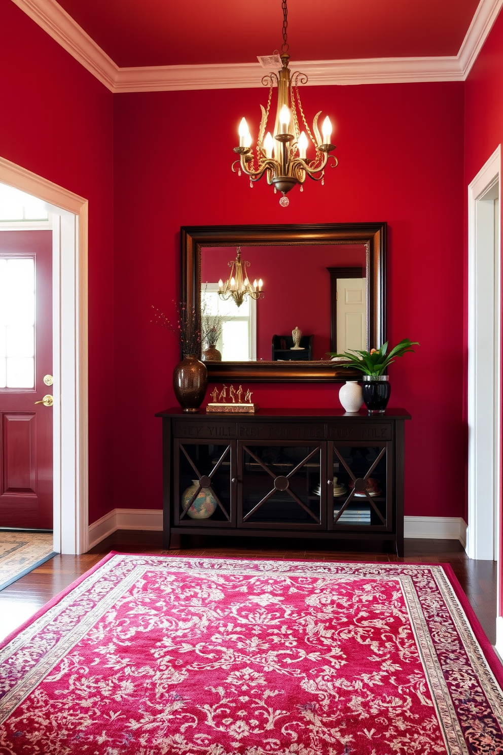 A warm and inviting foyer adorned with rich red tones. The walls are painted in a deep crimson hue, complemented by a plush area rug featuring intricate patterns in shades of red and gold. A stylish console table made of dark wood sits against the wall, topped with decorative items and a large framed mirror. Soft lighting from an elegant chandelier casts a warm glow, enhancing the welcoming atmosphere.