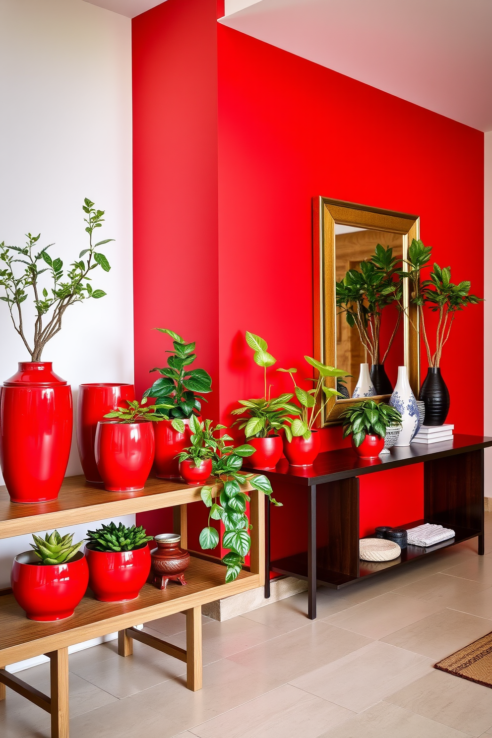 A collection of vibrant red ceramic pots filled with lush indoor plants is arranged on a sleek wooden shelf. The pots vary in size and texture, creating an eye-catching display that brings warmth and life to the space. The foyer features a stunning design with a bold red accent wall that welcomes guests. A stylish console table is placed against the wall, adorned with decorative items and a large mirror that enhances the sense of space.