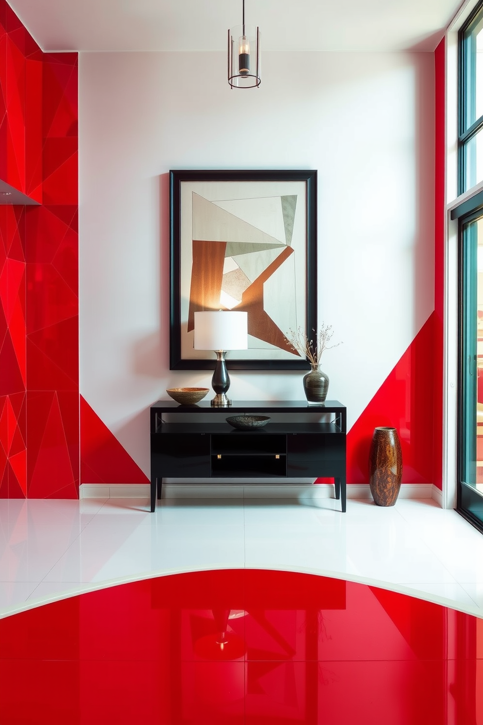 A striking foyer featuring bold red geometric patterns on the walls creates a modern and inviting atmosphere. The flooring is a sleek white tile that contrasts beautifully with the vibrant red accents. In the center of the foyer, a contemporary console table in a dark finish is adorned with a stylish lamp and a decorative bowl. Large framed artwork with geometric designs enhances the visual interest and complements the overall theme.