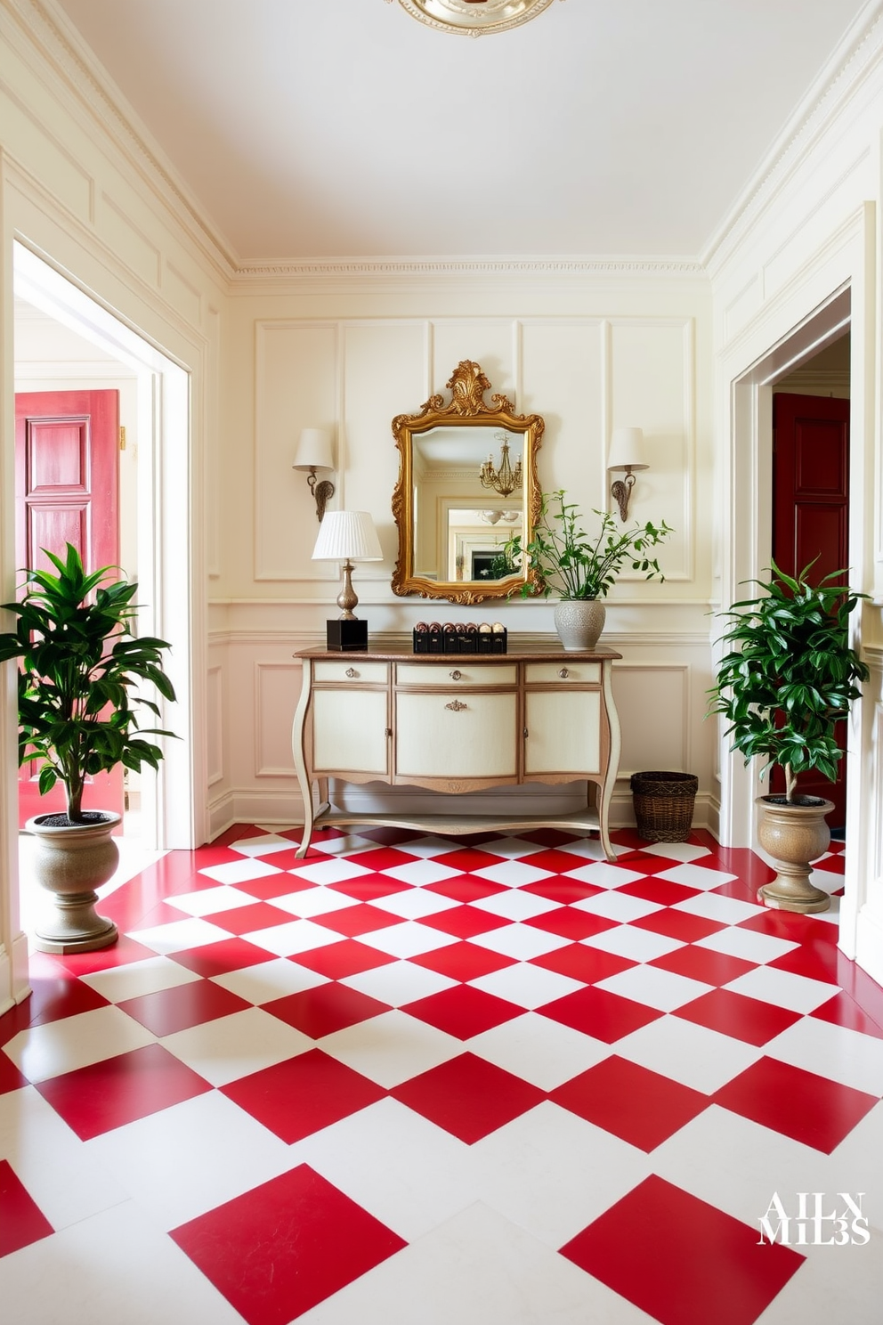 A striking foyer featuring a classic red and white checkerboard floor that immediately captures attention. The walls are adorned with elegant wainscoting painted in a soft cream color, creating a warm and inviting atmosphere. A vintage console table sits against one wall, topped with a decorative mirror framed in gold. Flanking the table are two potted plants that add a touch of greenery and vibrancy to the space.